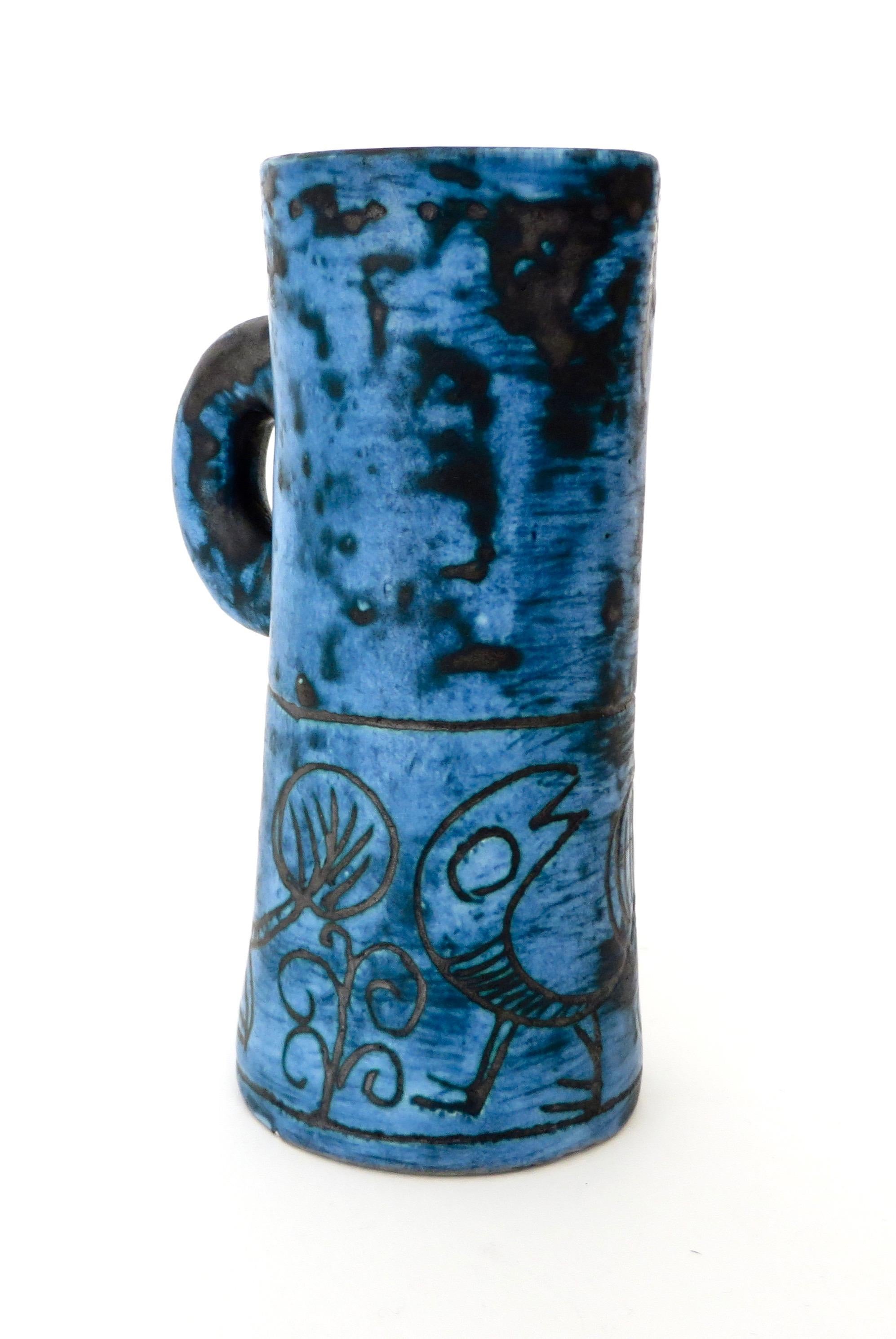 French Ceramic Artist Jacques Blin Dark Blue Sgraffito Ceramic Vase with Handle 2