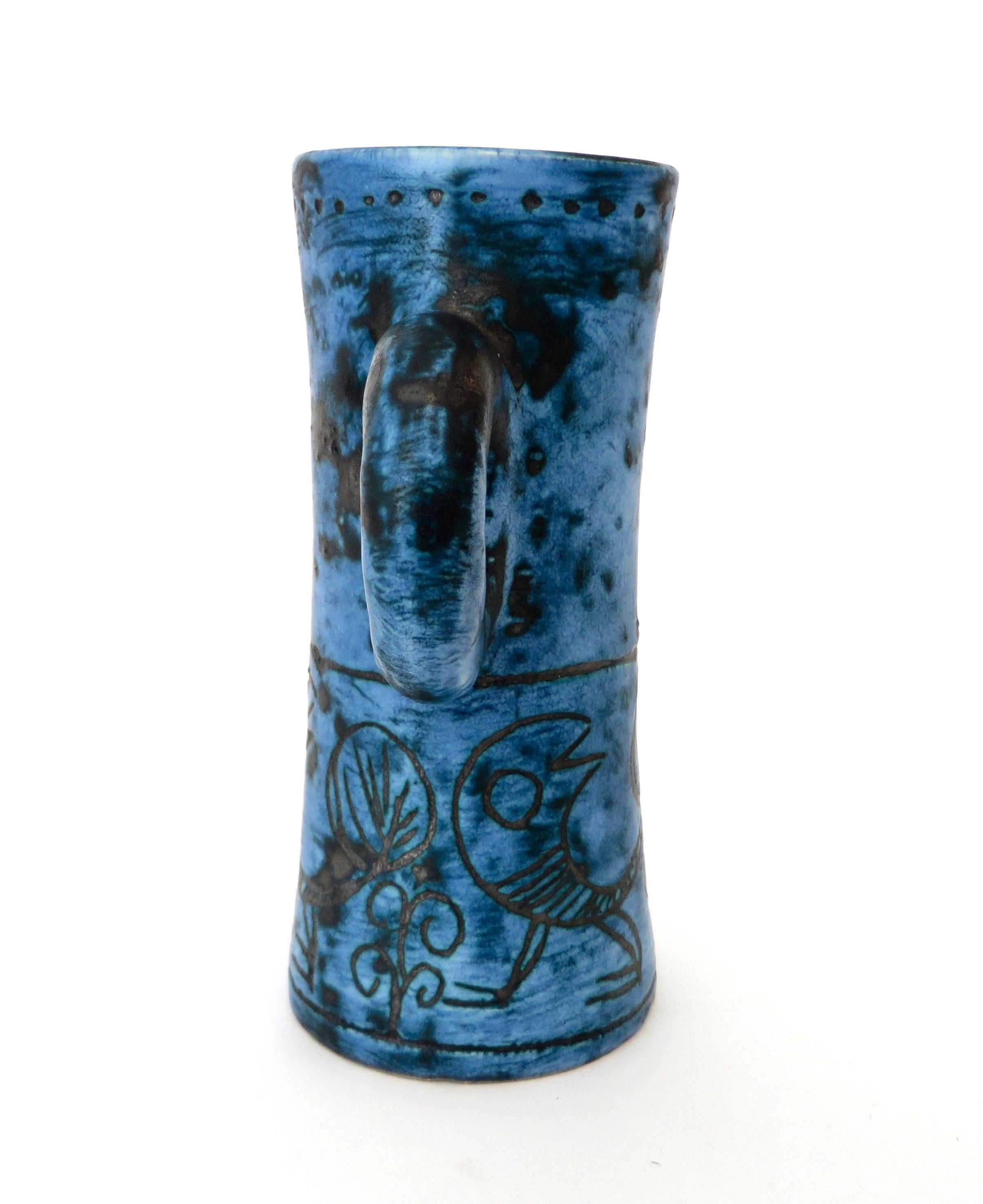 French Ceramic Artist Jacques Blin Dark Blue Sgraffito Ceramic Vase with Handle 3