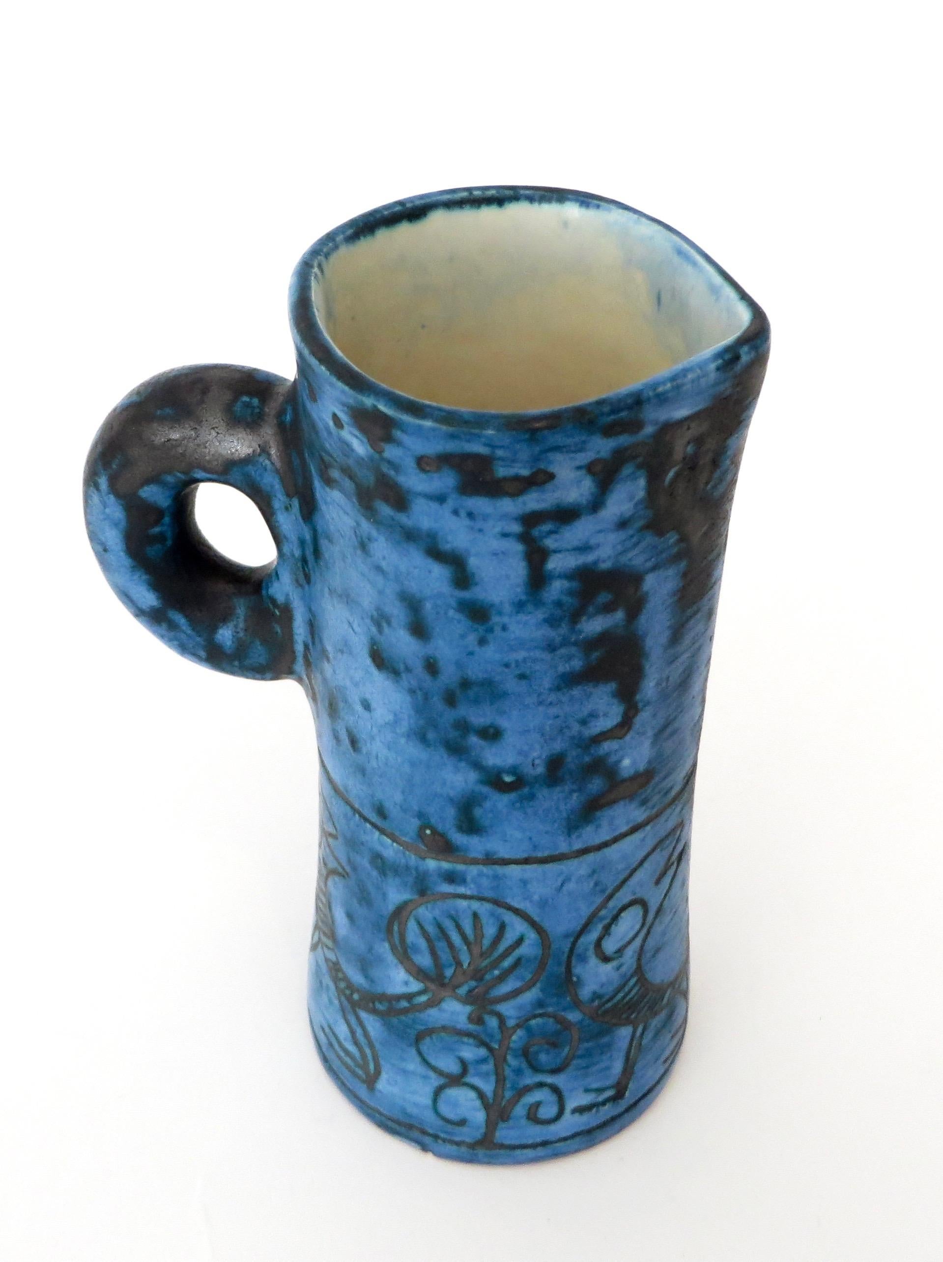 French Ceramic Artist Jacques Blin Dark Blue Sgraffito Ceramic Vase with Handle 4