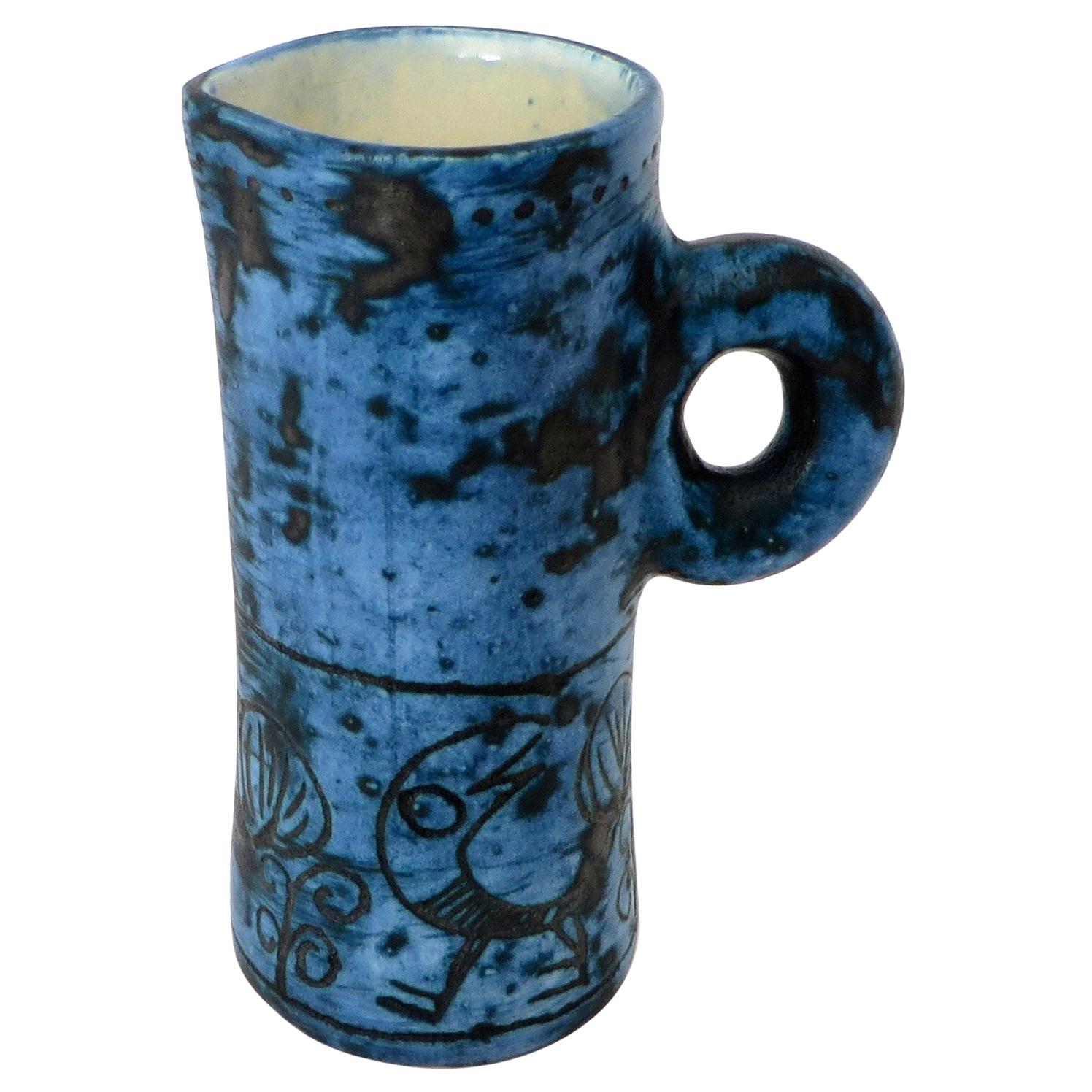 French Ceramic Artist Jacques Blin Dark Blue Sgraffito Ceramic Vase with Handle