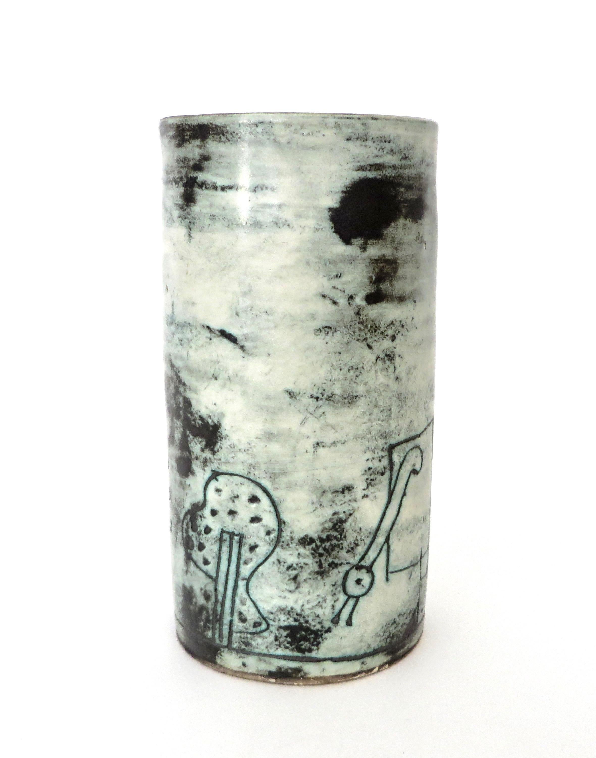 French Ceramic Artist Jacques Blin Light Blue Sgraffito Ceramic Vase In Good Condition In Chicago, IL