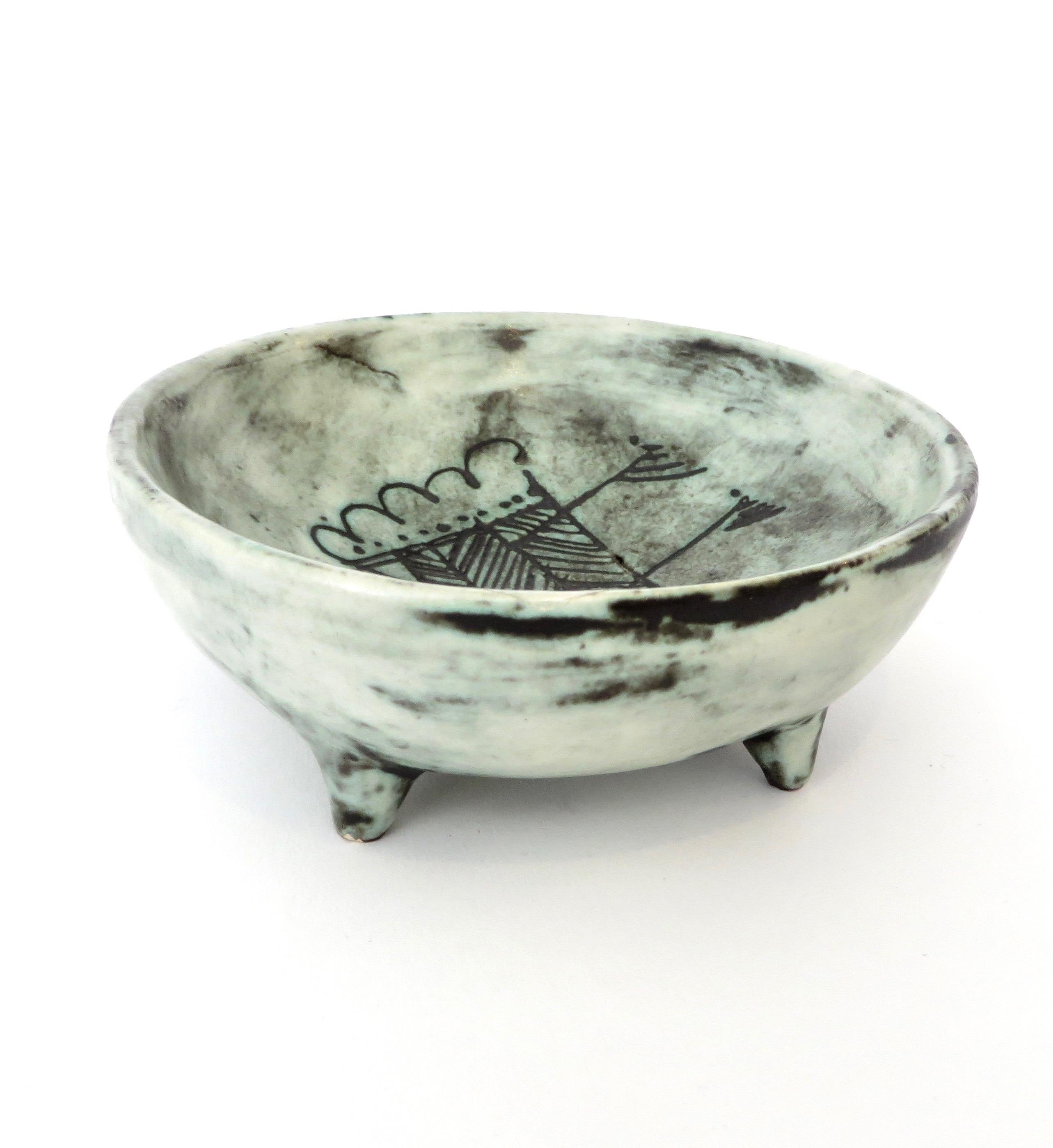 Mid-20th Century Jacques Blin French Ceramic Artist Sgraffito Decorated Blue Ceramic Footed Bowl