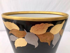 French Ceramic Black Vase, 24-Karat Gold Leaves Signed by Artist Gabrielle Arsac