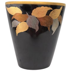 French Ceramic Black Vase, 24-Karat Gold Leaves Signed by Artist Gabrielle Arsac