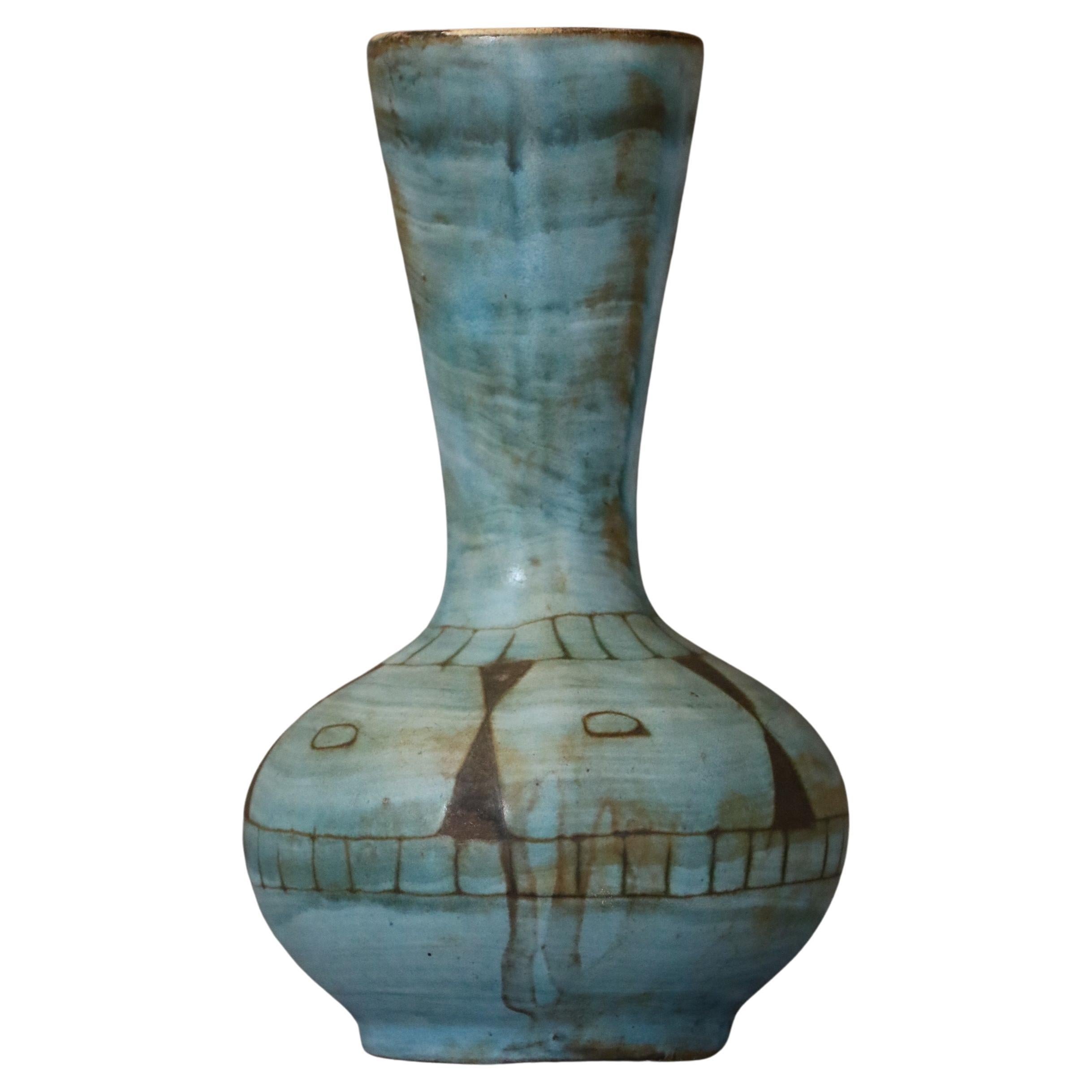 Enameled French Ceramic Blue and Black Glazed Vase by Alain Maunier, Vallauris, 1970's 