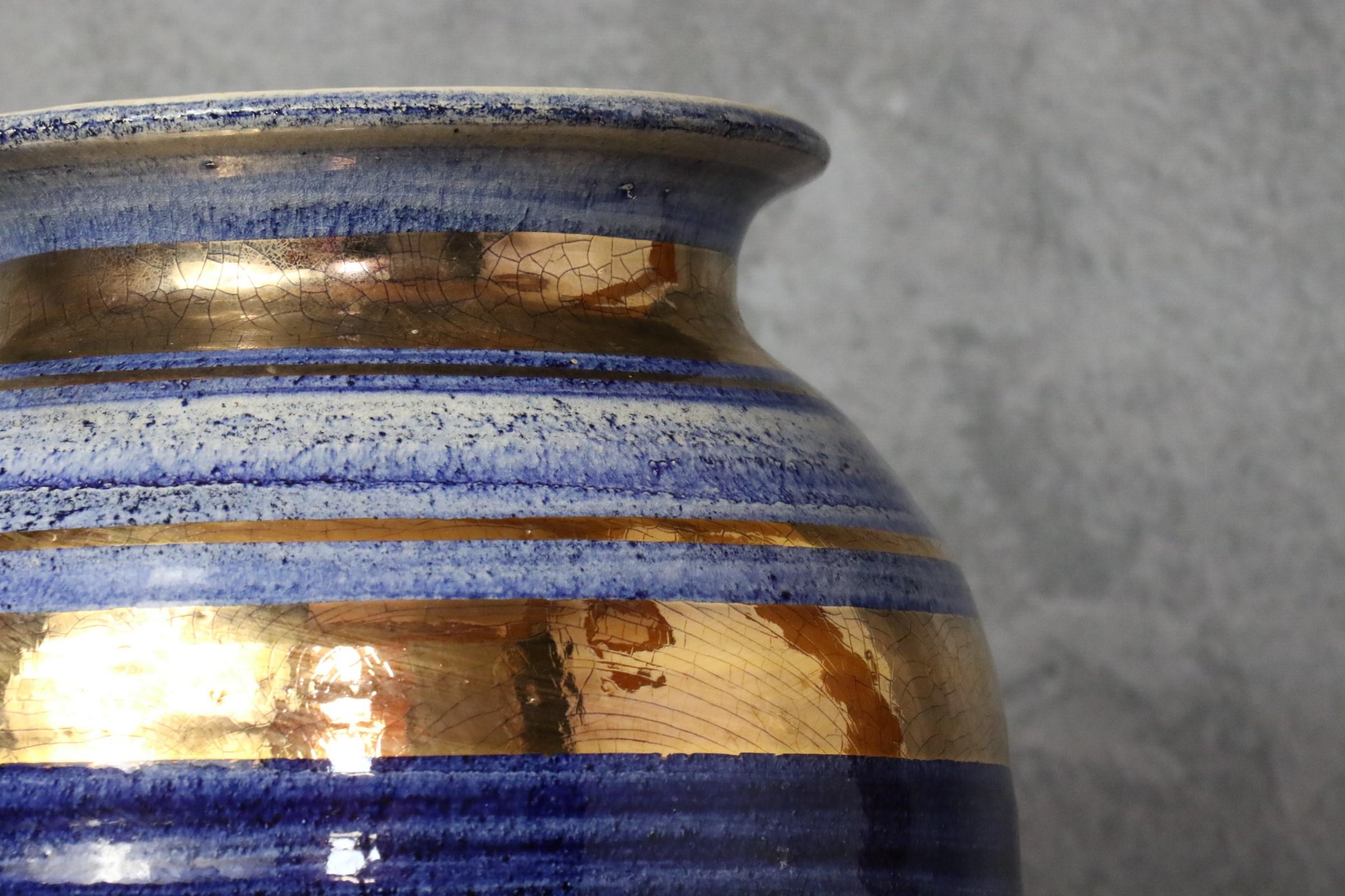 Enameled French Ceramic Blue and Golden Vase by Georges Pelletier, Signed, 1970s