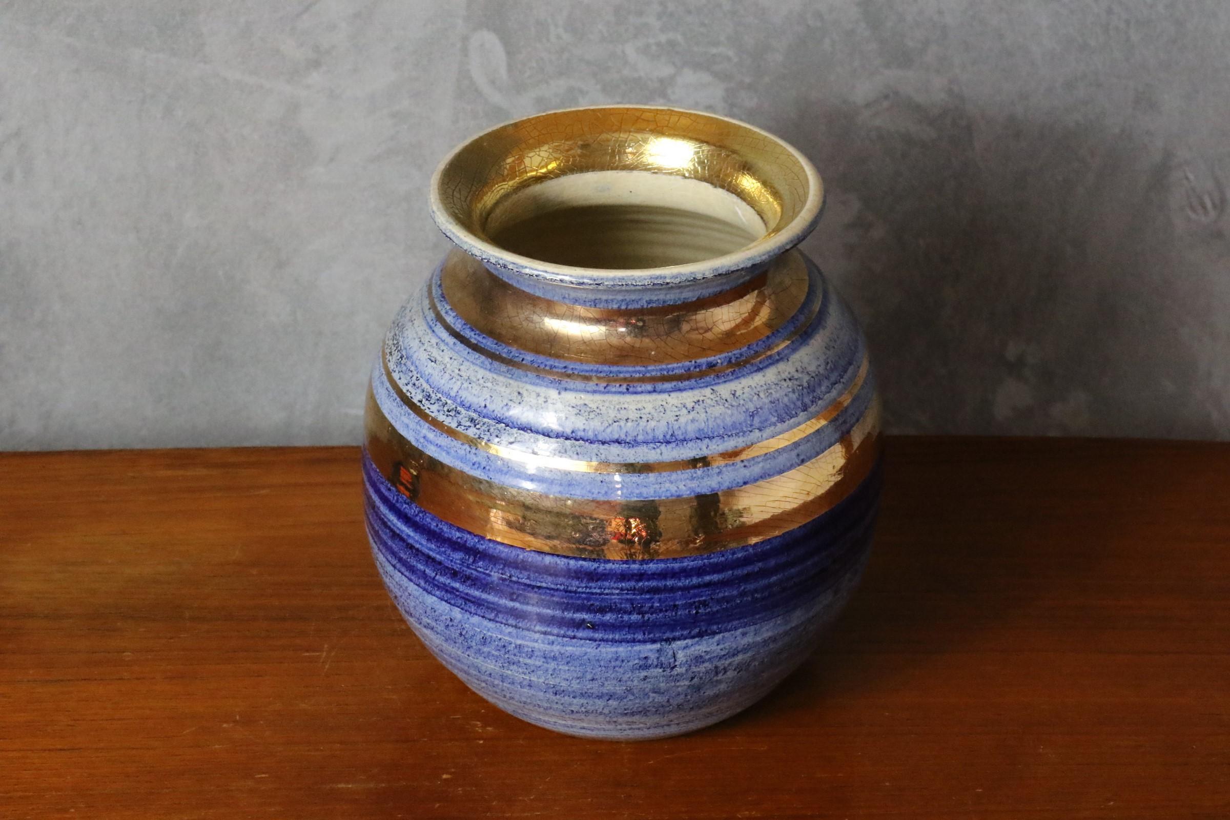 French Ceramic Blue and Golden Vase by Georges Pelletier, Signed, 1970s In Good Condition In Camblanes et Meynac, FR