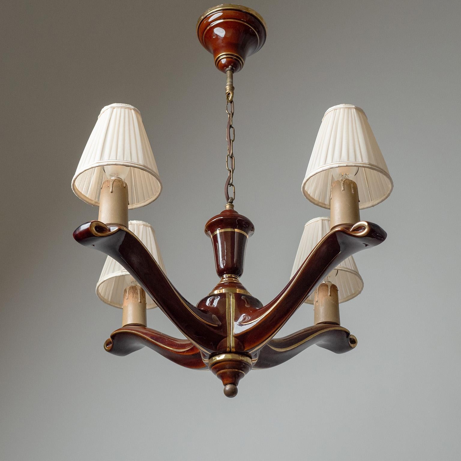 Wood French, Ceramic Chandelier, 1950s For Sale
