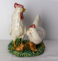 French Ceramic Barbotine Chicken Family Chicken and Chicks Group, circa 1900 C
