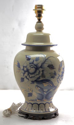 French Ceramic Crackle Table Lamp with Hand Painted Decoration, 1930s
