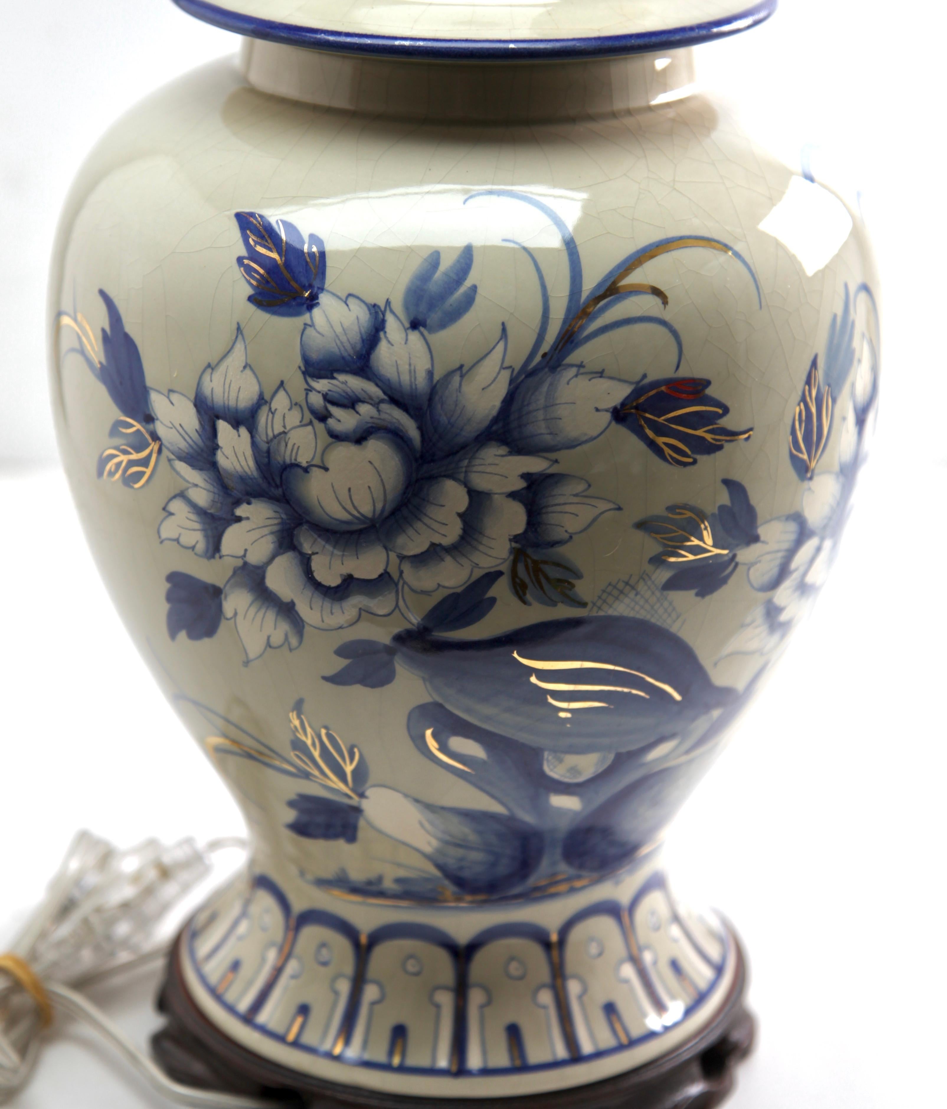 Mid-20th Century French Ceramic Crackle Table Lamp with Hand Painted Decoration, 1930s For Sale