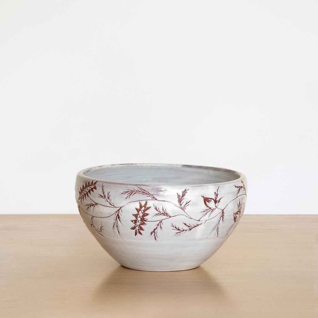 French ceramic bowl with white glaze and beautiful etched leaf detailing. Made by Vallauris in France, 1950's.