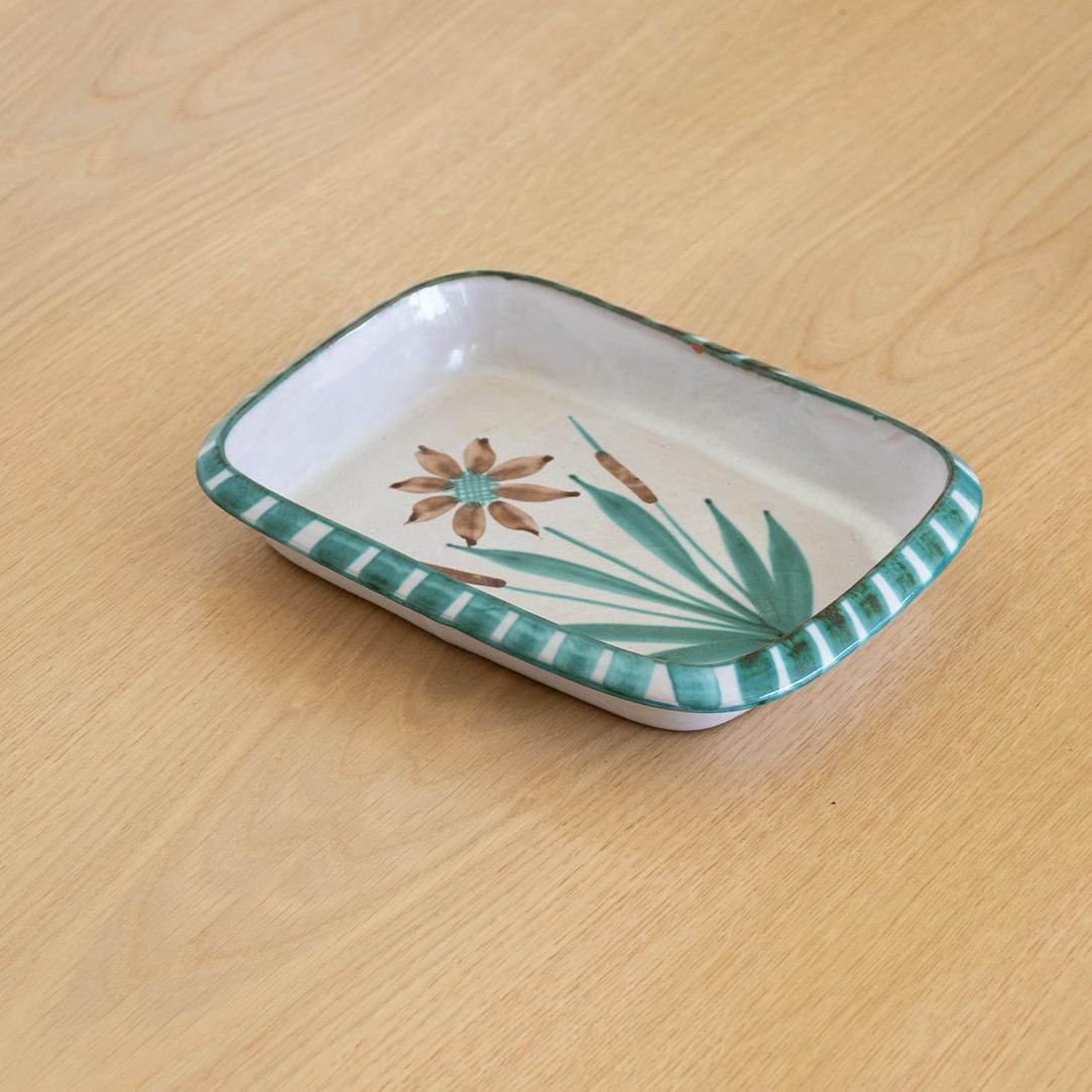 Beautiful painted ceramic tray by Robert Picault, France 1950's. Rectangular dish with painted flower, perfect as a catch-all or jewelry tray.