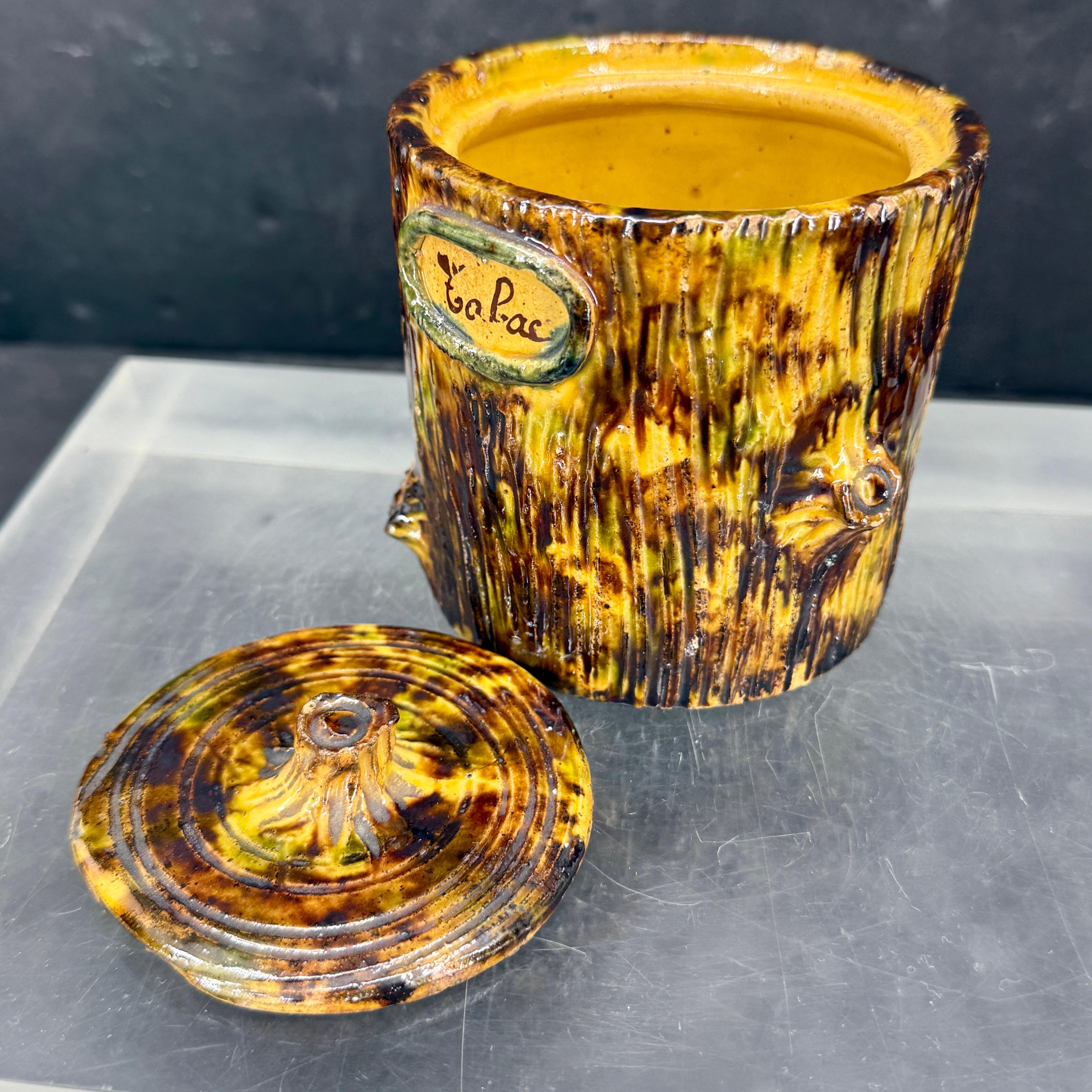 Stile provenzale Vaso in ceramica francese smaltata Faux Boi con coperchio, anni '60 circa in vendita