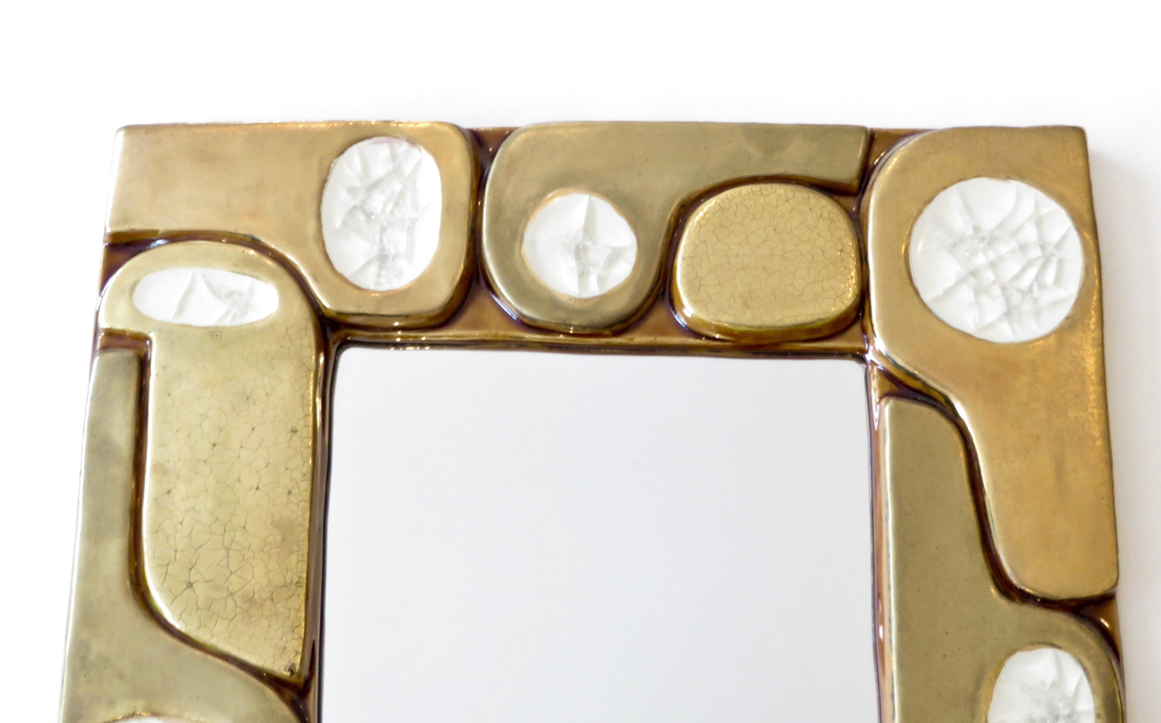 Mid-Century Modern Mithé Espelt Céramique française émaillée or craquelé et miroir cristallin blanc