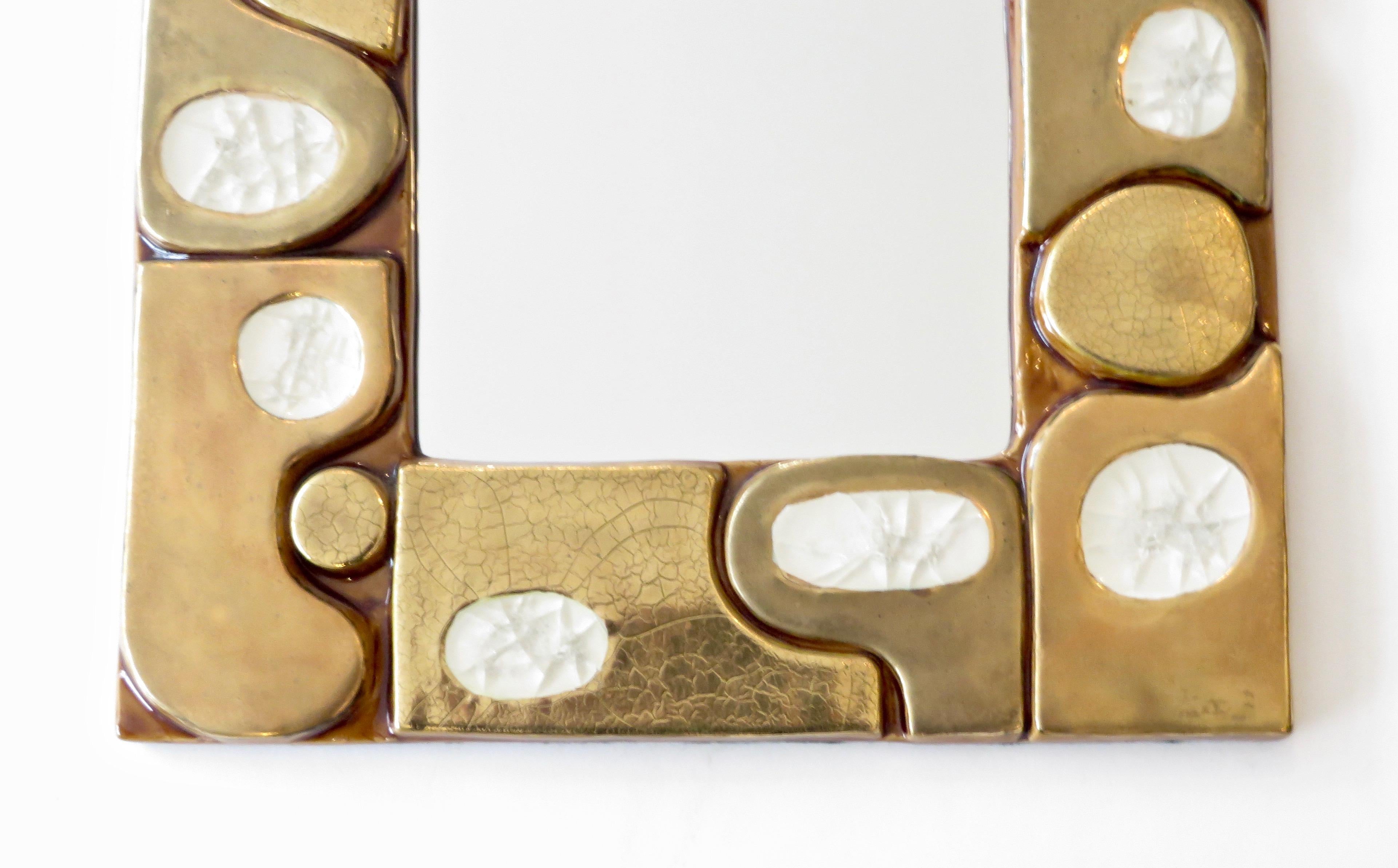 Français Mithé Espelt Céramique française émaillée or craquelé et miroir cristallin blanc