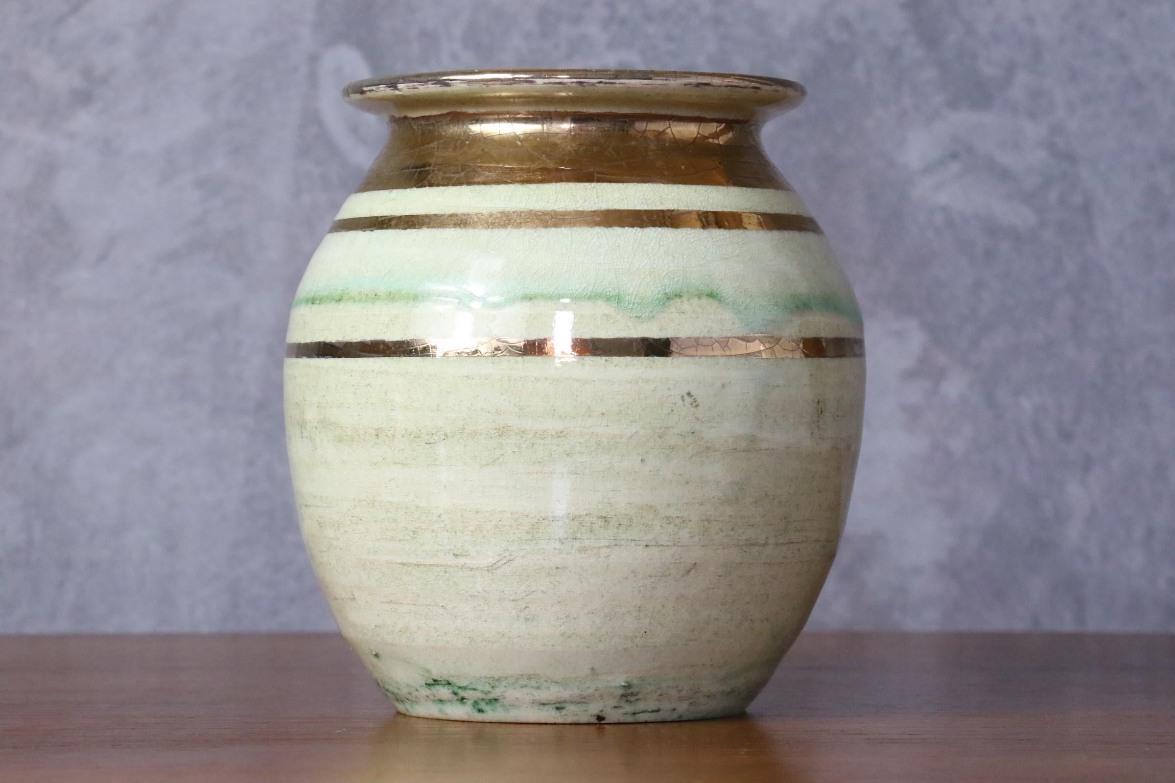 French Ceramic Green and Golden Vase by Georges Pelletier, Signed, 1970s 3