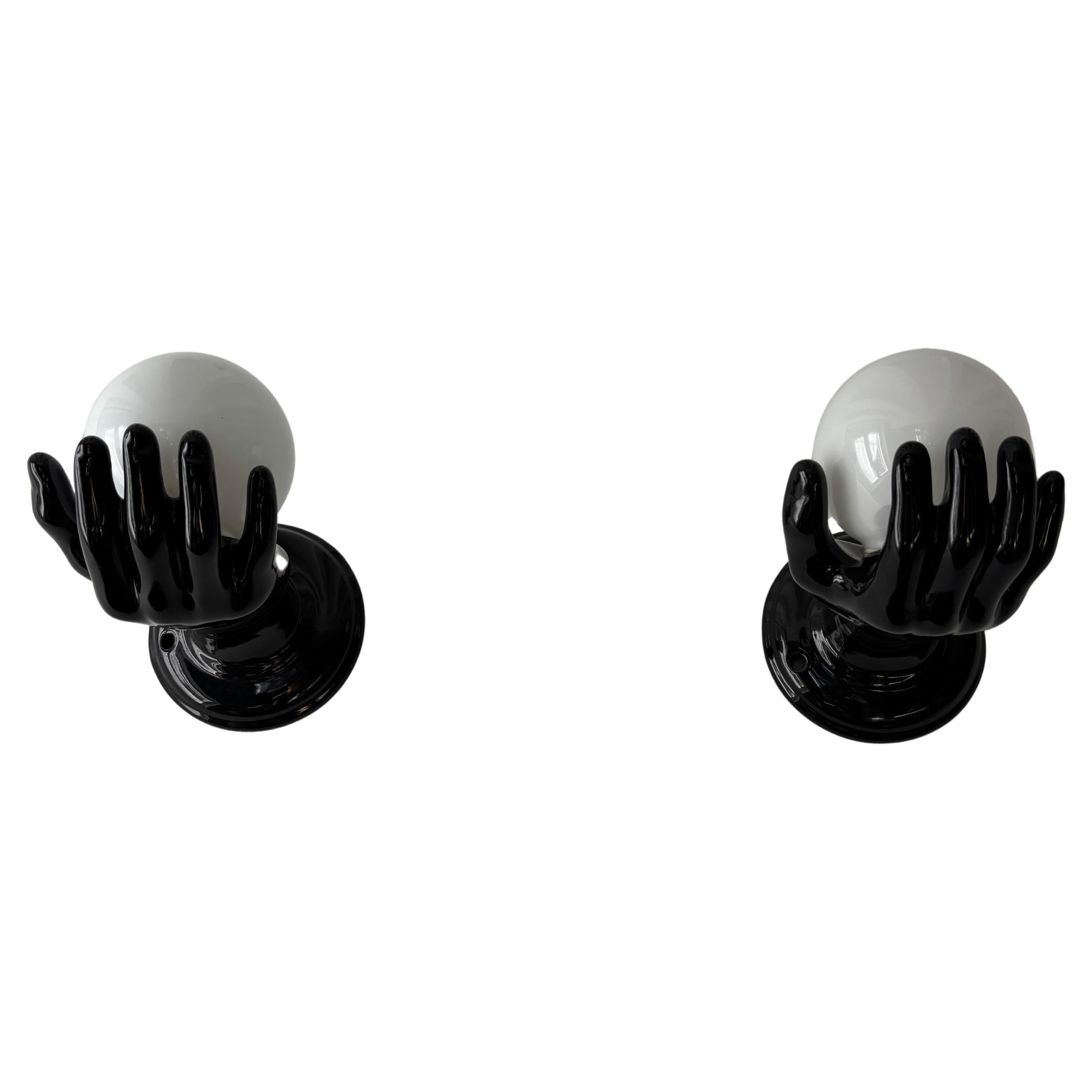 French Ceramic Hands Sconces Black White Globe Le Trefle Midcentury c 1950