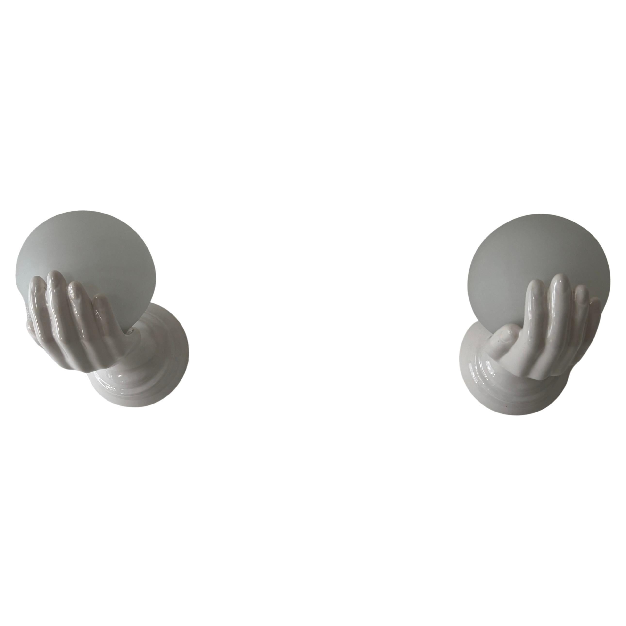 French Ceramic Hands Sconces White White Fogged Globe Le Trefle Midcentury