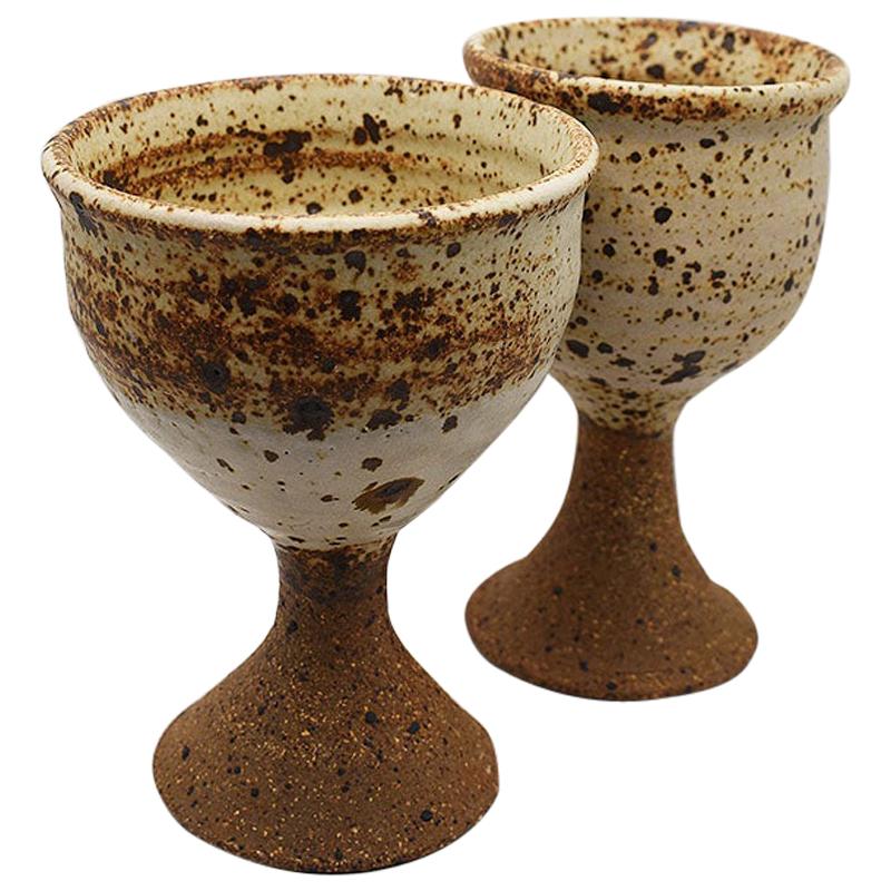 French Ceramic Iron Look Goblet Cups, a Pair Signed For Sale