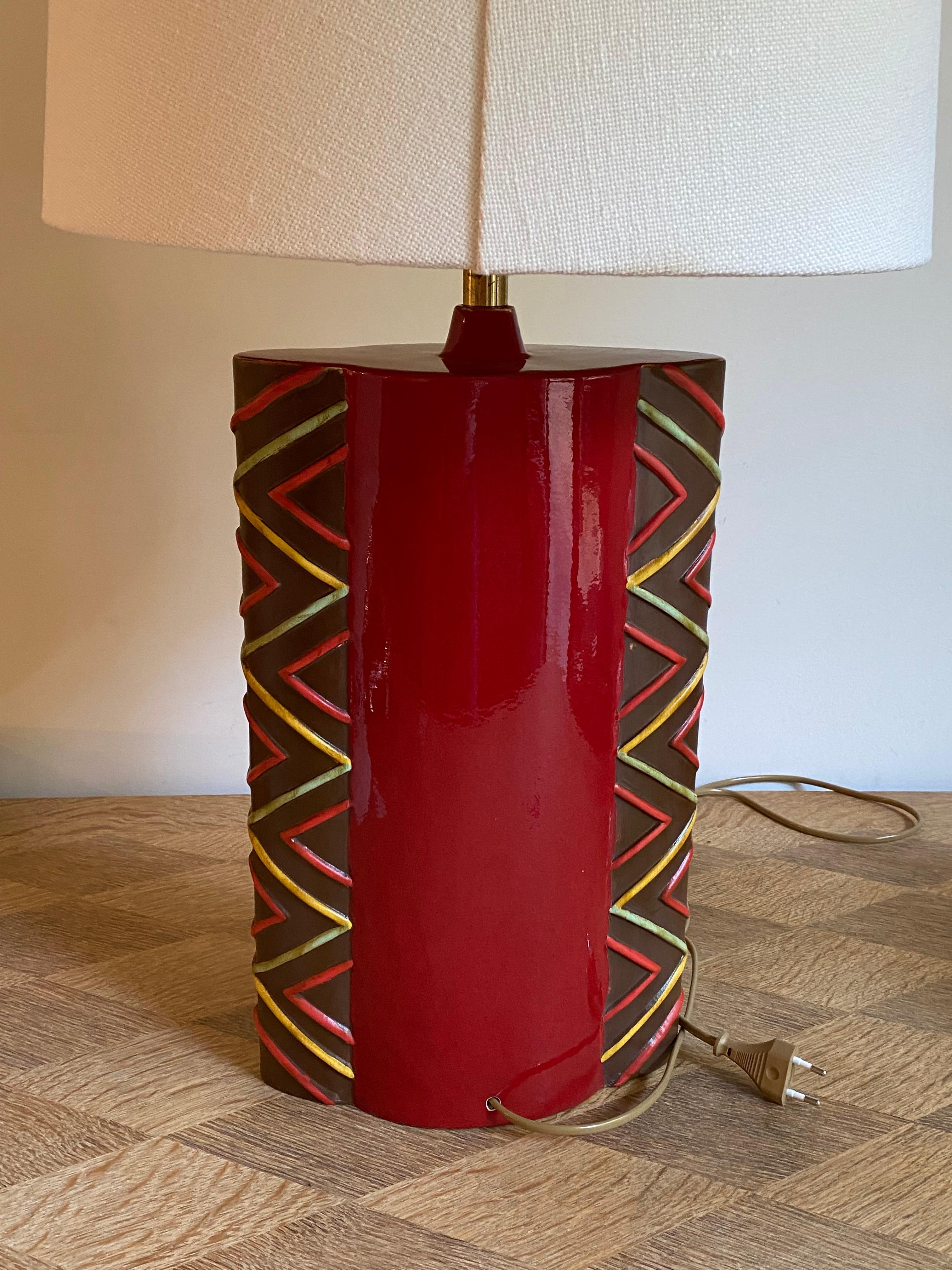 Mid-Century Modern French Ceramic Lamp Hand Made 1950s with Shade
