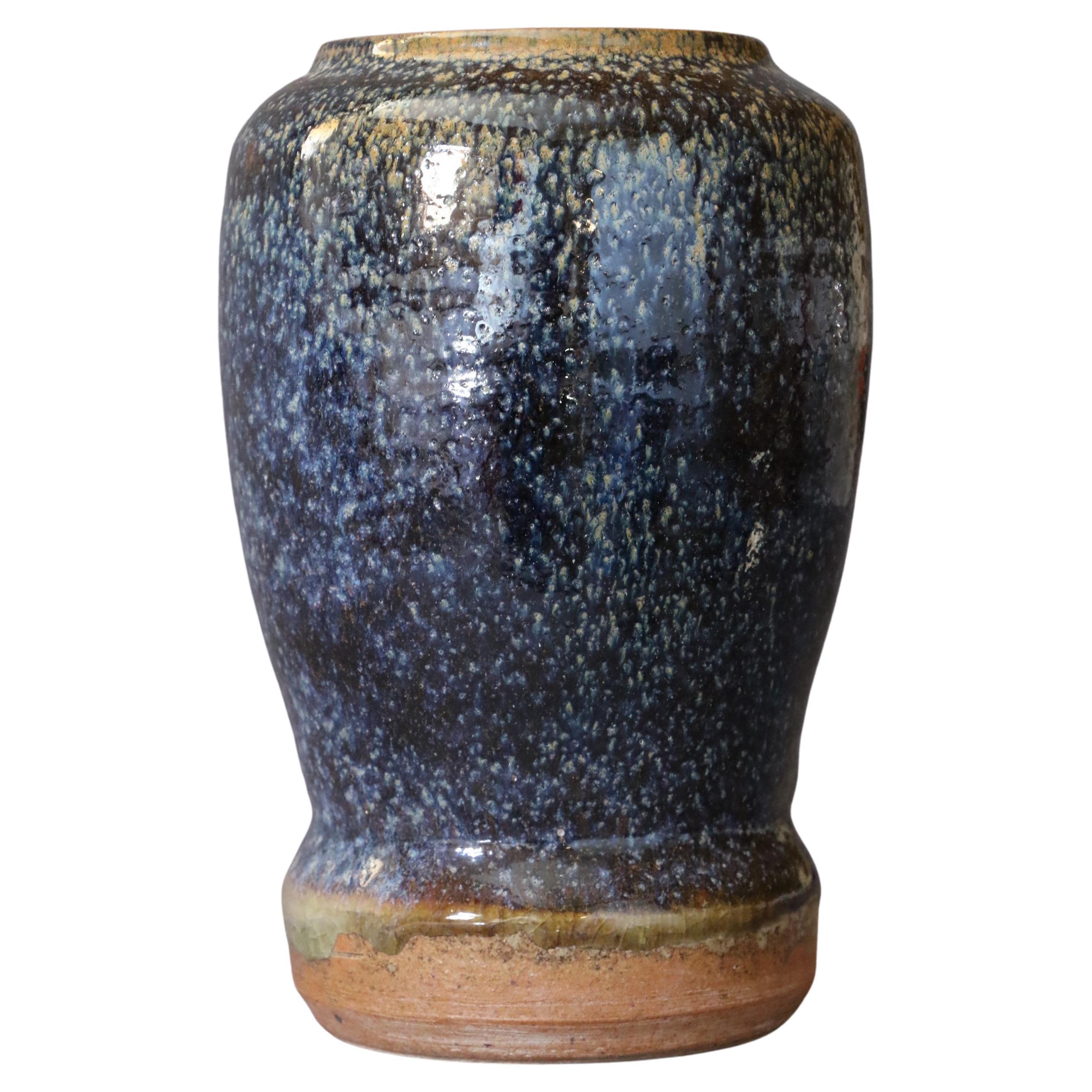 Mid-Century Modern French Ceramic Large blue and ochre vase by Marc Uzan - circa 2000 For Sale