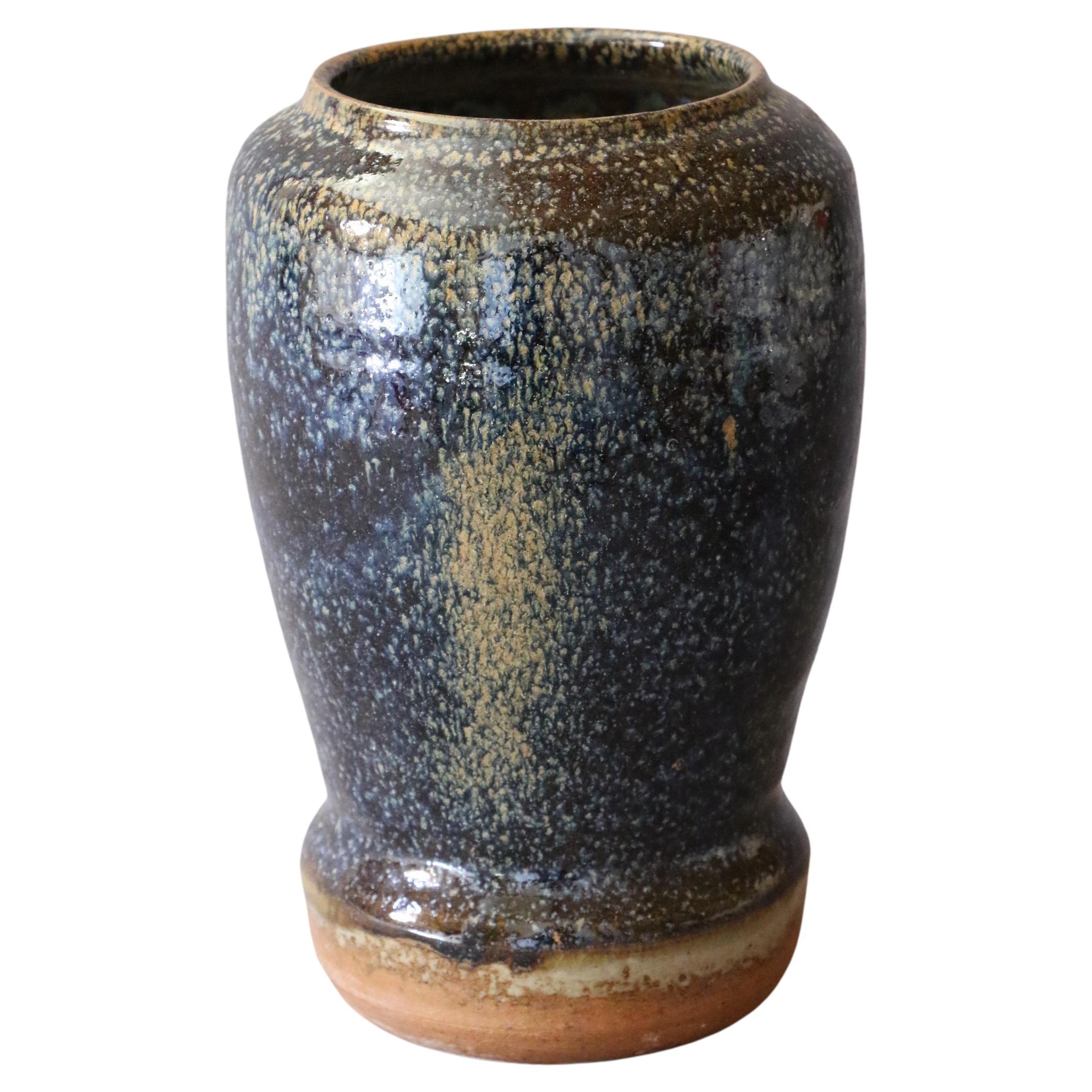 Enameled French Ceramic Large blue and ochre vase by Marc Uzan - circa 2000 For Sale