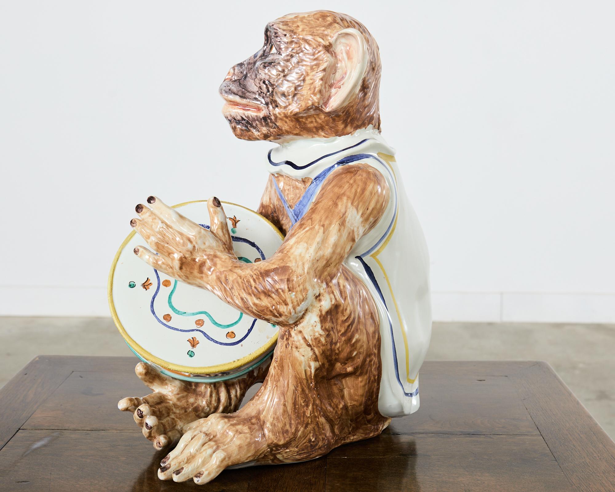 French Ceramic Majolica Sculpture of Monkey Playing Tambourine For Sale 3