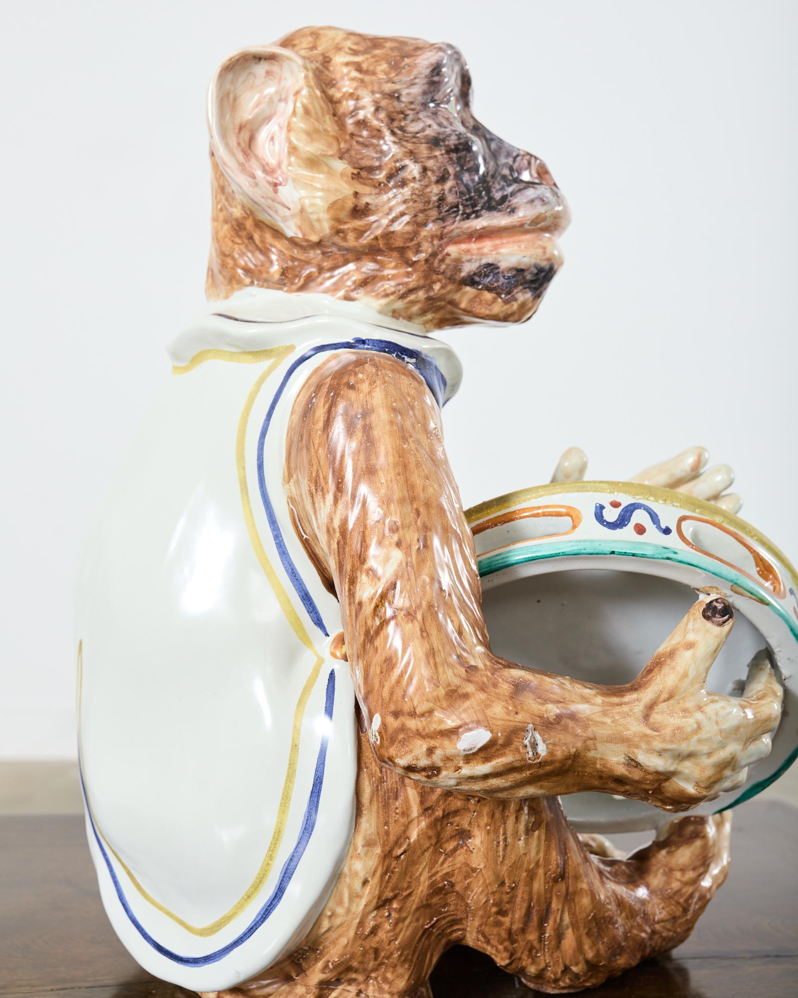 French Ceramic Majolica Sculpture of Monkey Playing Tambourine For Sale 10