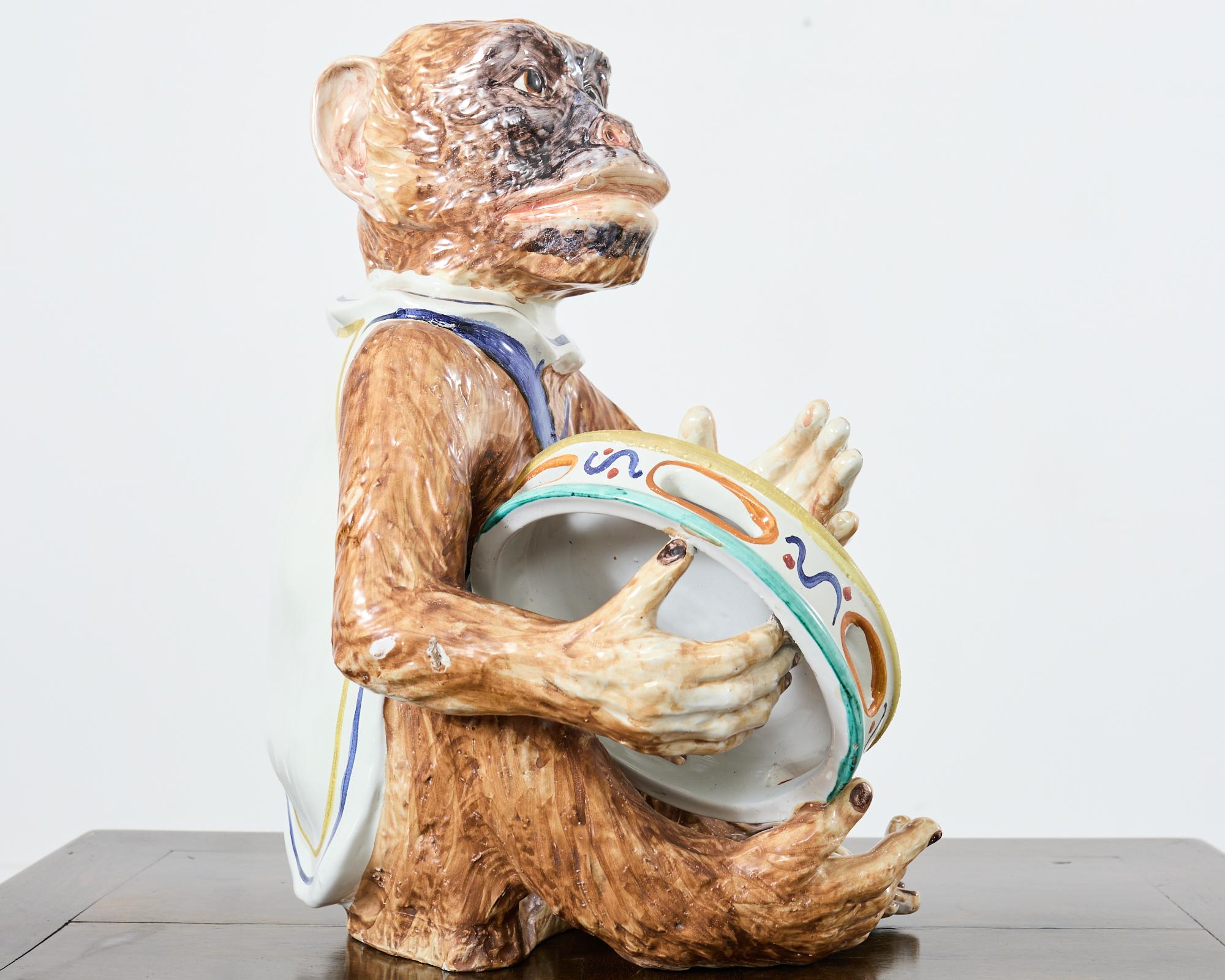 Mid-Century Modern French Ceramic Majolica Sculpture of Monkey Playing Tambourine For Sale