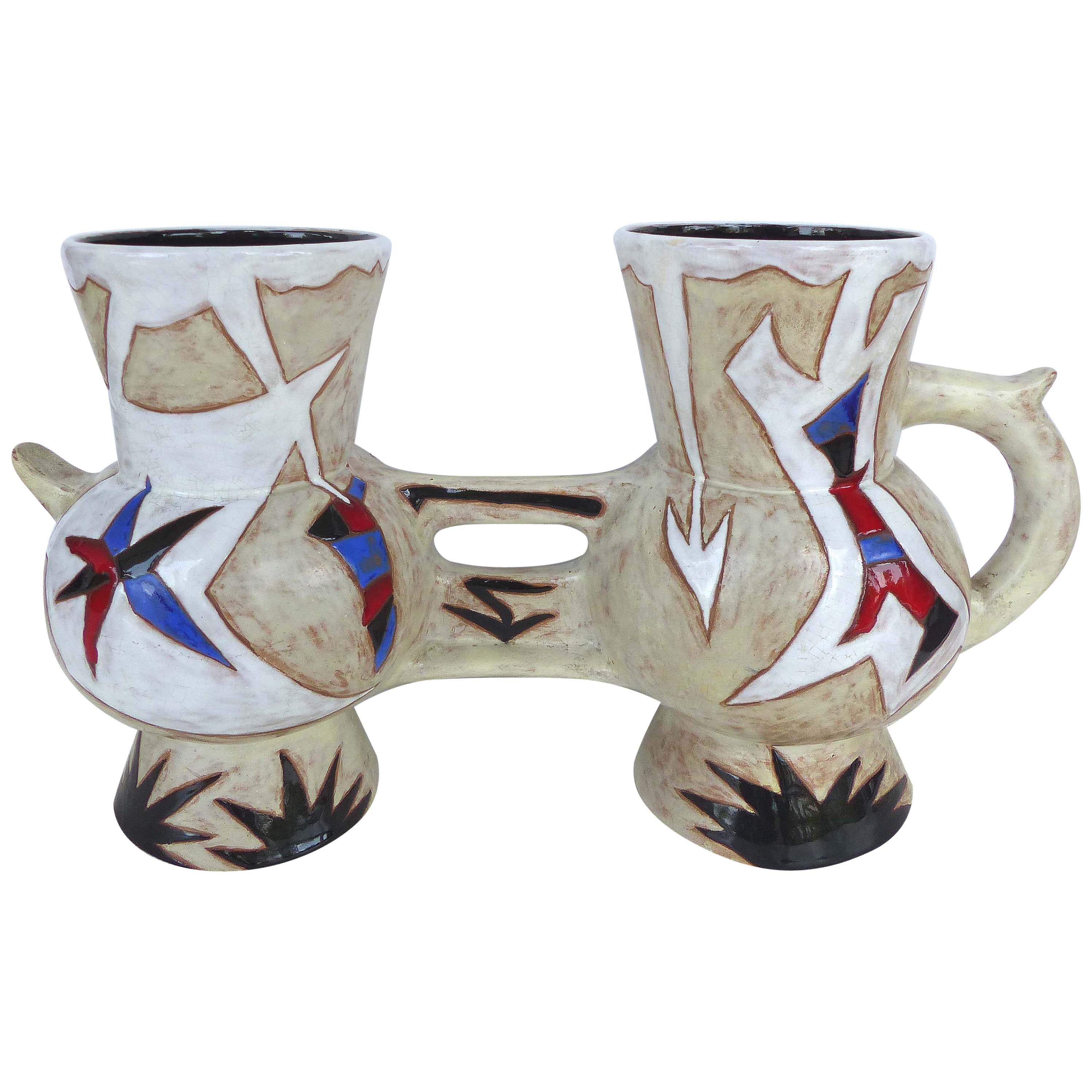 Vase à double pichet en céramique française mi-siècle moderne de Jean Lurcat
