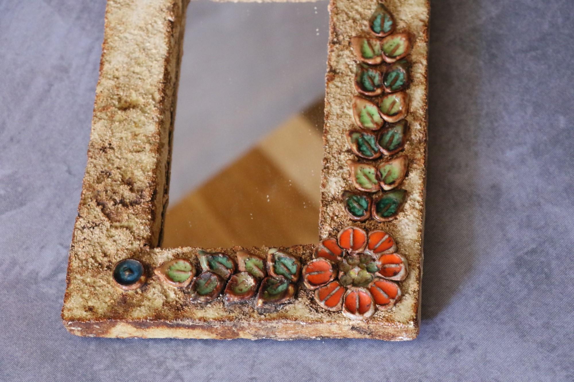 Enameled French Ceramic Mirror by La Roue Ceramic Studio, Vallauris, Flowers, 1950s For Sale