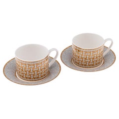 Coppia di tazze e piattini in ceramica francese Mosaique AU 24 Gold di Hermes