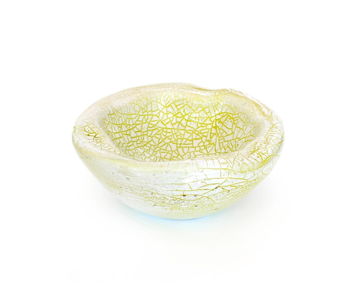 Mid-Century Modern French Ceramic Organic Bowl Dish by Accolay Chartreuse Green Crackle Glaze  For Sale