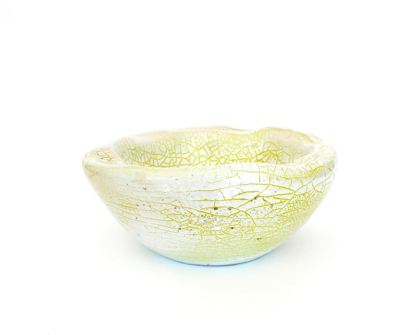 French Ceramic Organic Bowl Dish by Accolay Chartreuse Green Crackle Glaze  In Good Condition For Sale In Chicago, IL