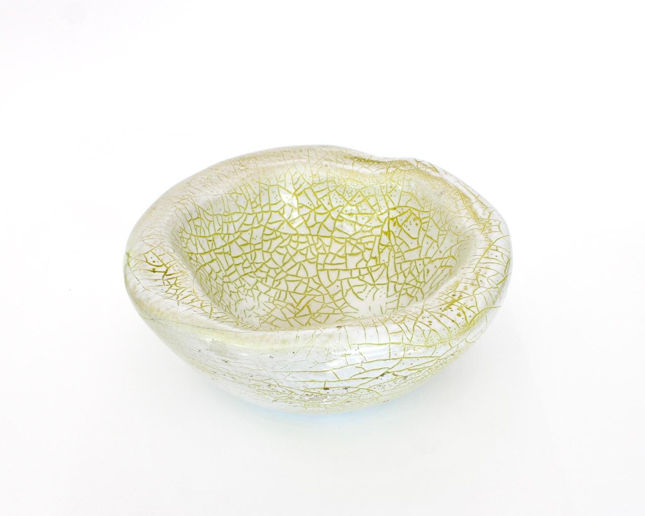 French Ceramic Organic Bowl Dish by Accolay Chartreuse Green Crackle Glaze  For Sale 1