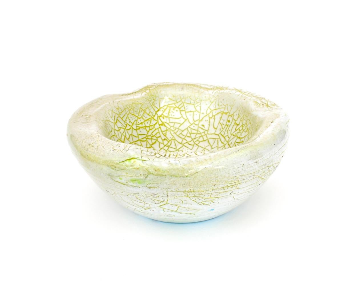 French Ceramic Organic Bowl Dish by Accolay Chartreuse Green Crackle Glaze  For Sale 3