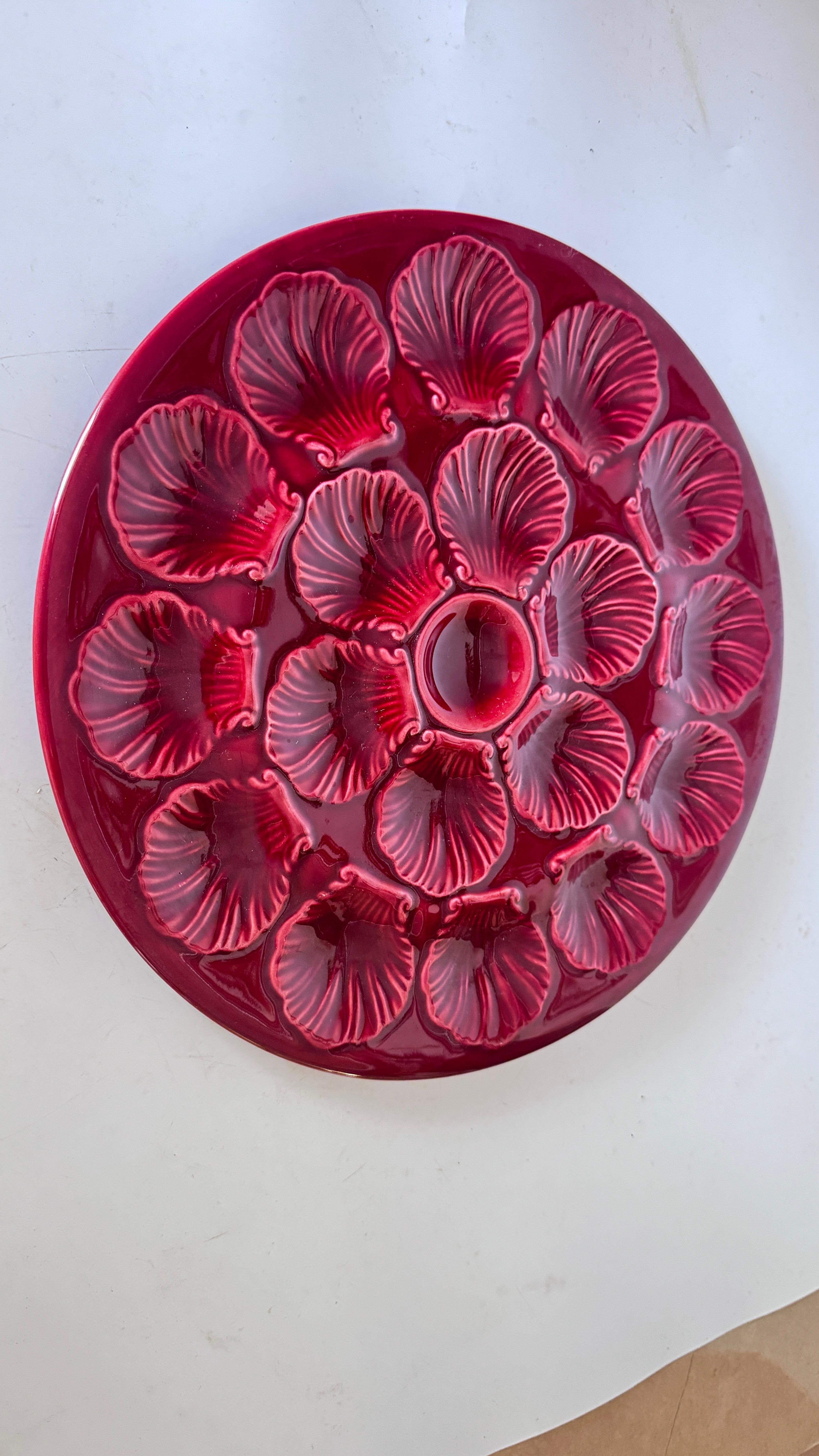 French Ceramic Oyster Plate – Deep Red Glaze – 1960s For Sale 5