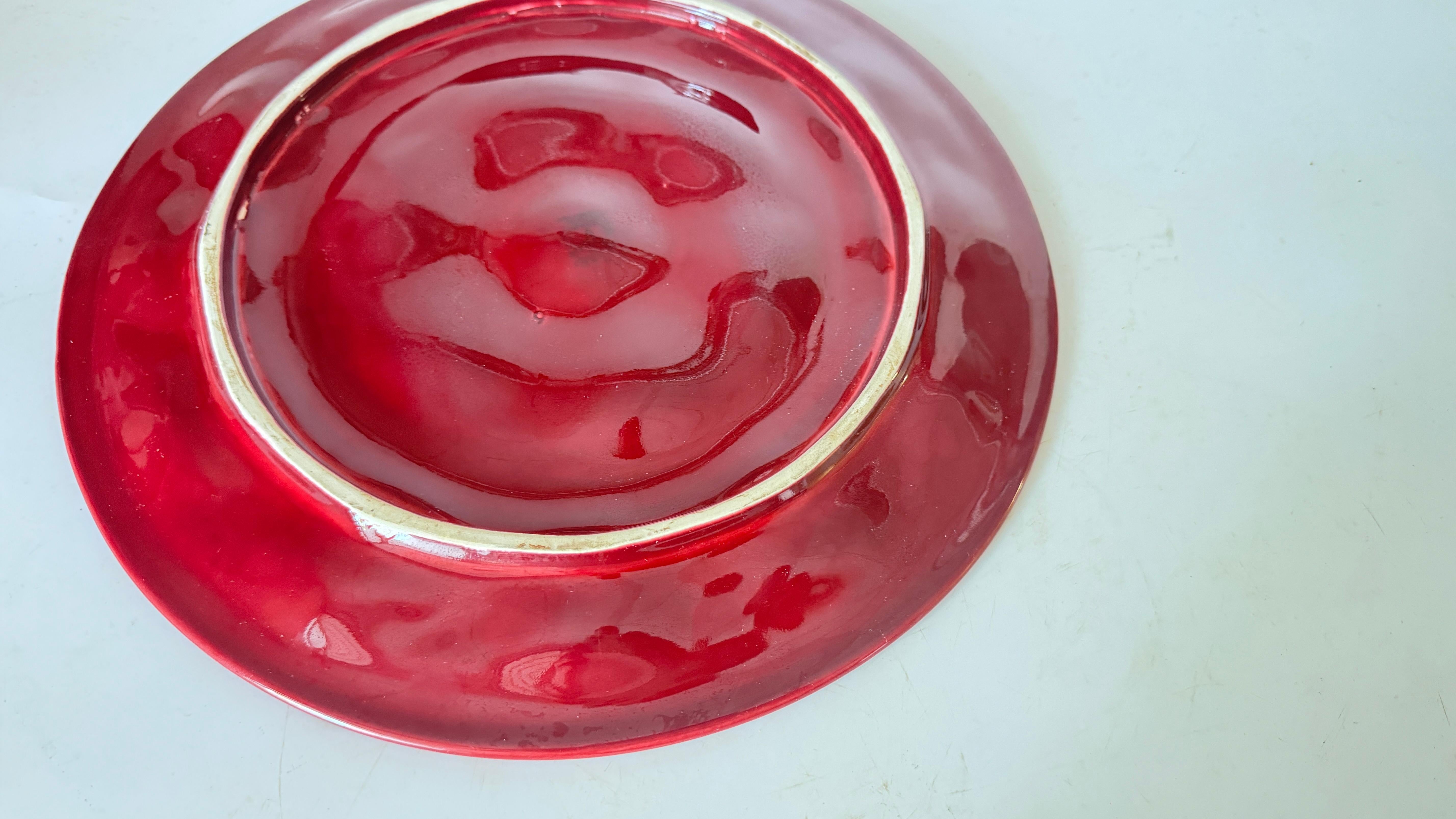 Hand-Painted French Ceramic Oyster Plate – Deep Red Glaze – 1960s For Sale