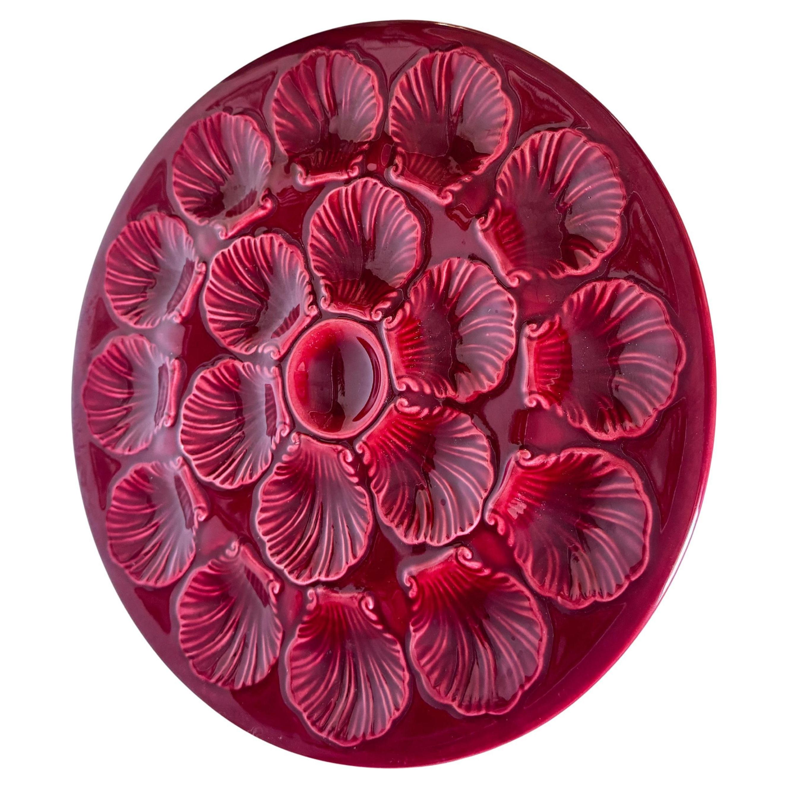 French Ceramic Oyster Plate – Deep Red Glaze – 1960s For Sale
