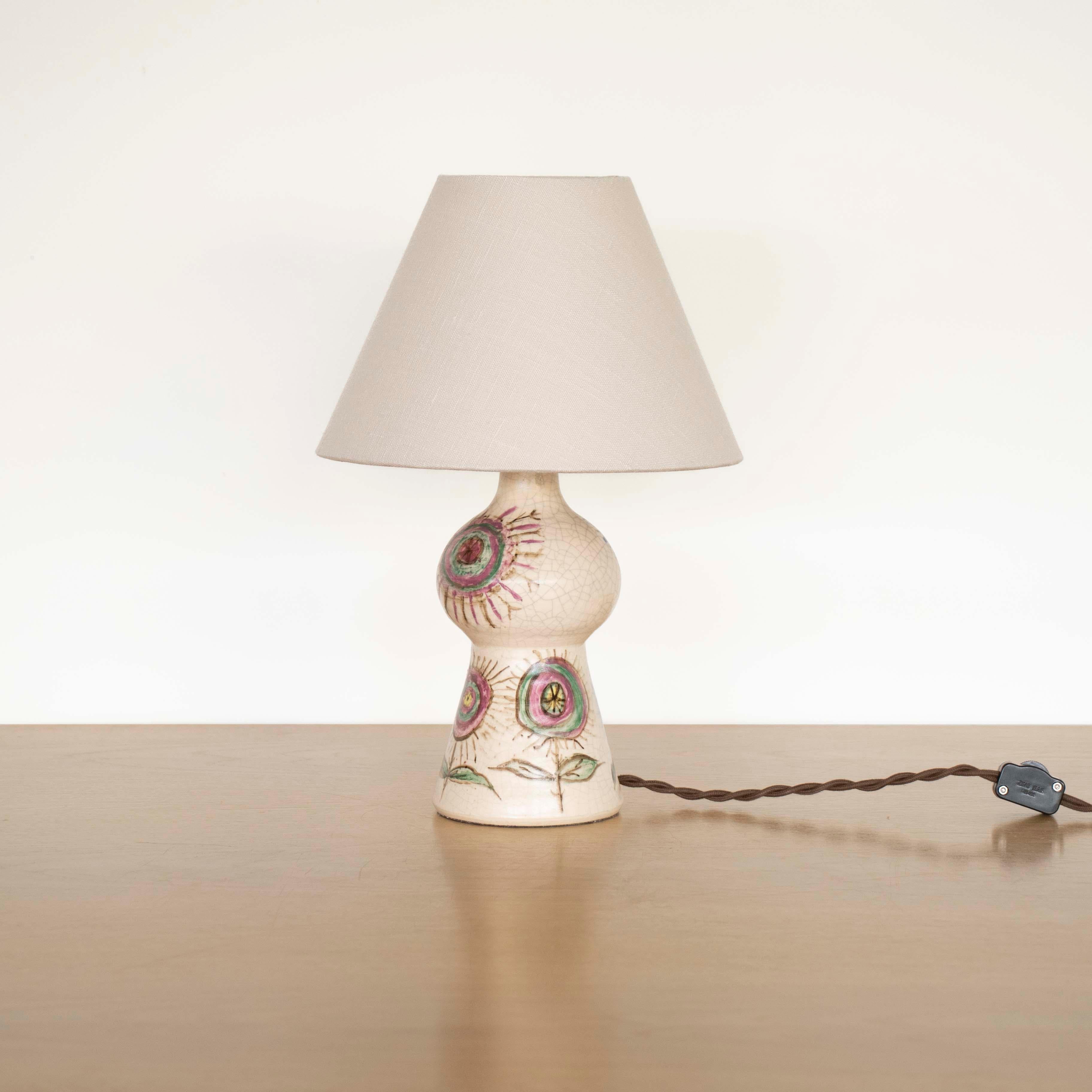20th Century French Ceramic Painted Flower Lamp