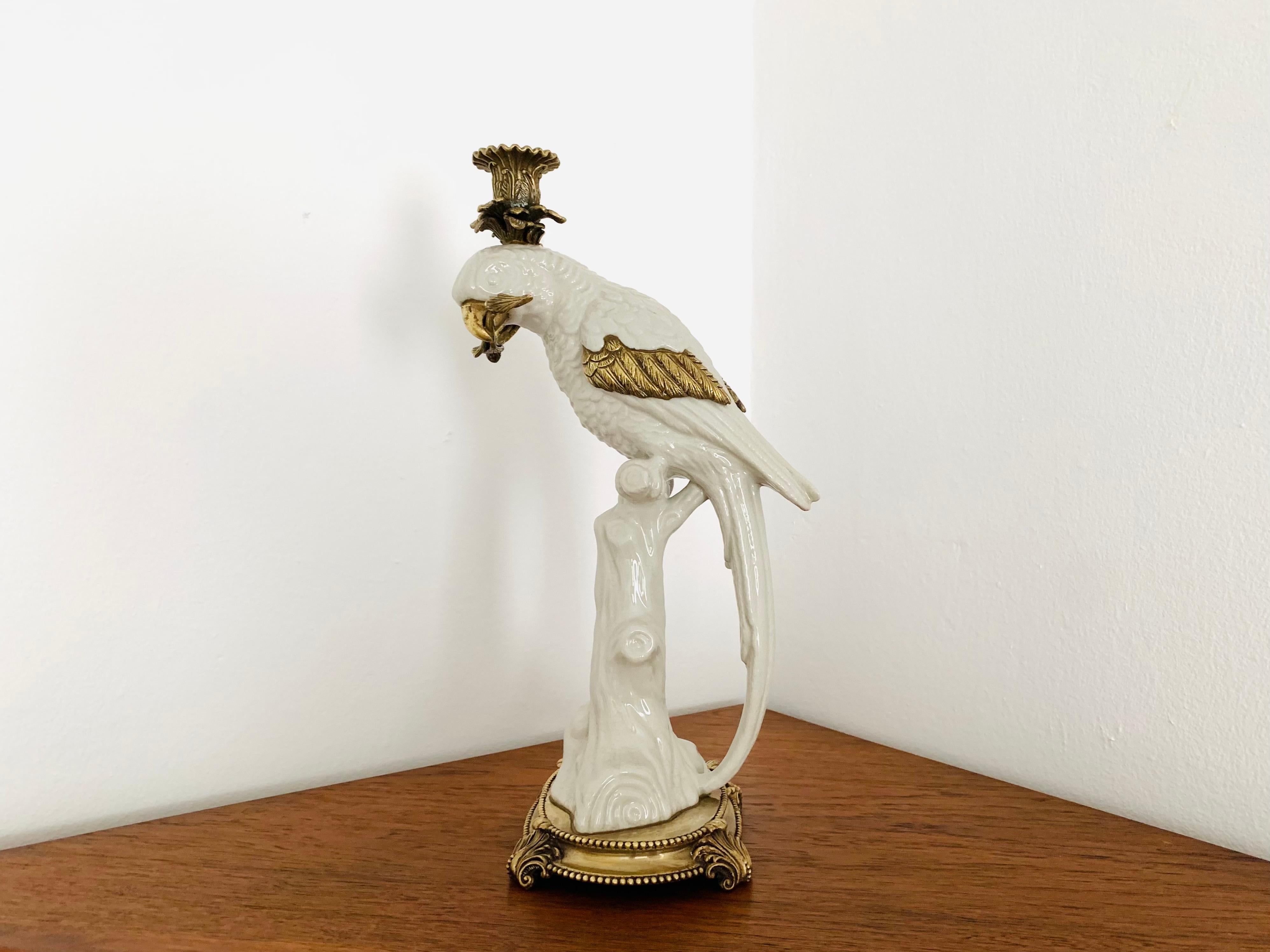 Hollywood Regency French Ceramic Parrot Candle Holder For Sale