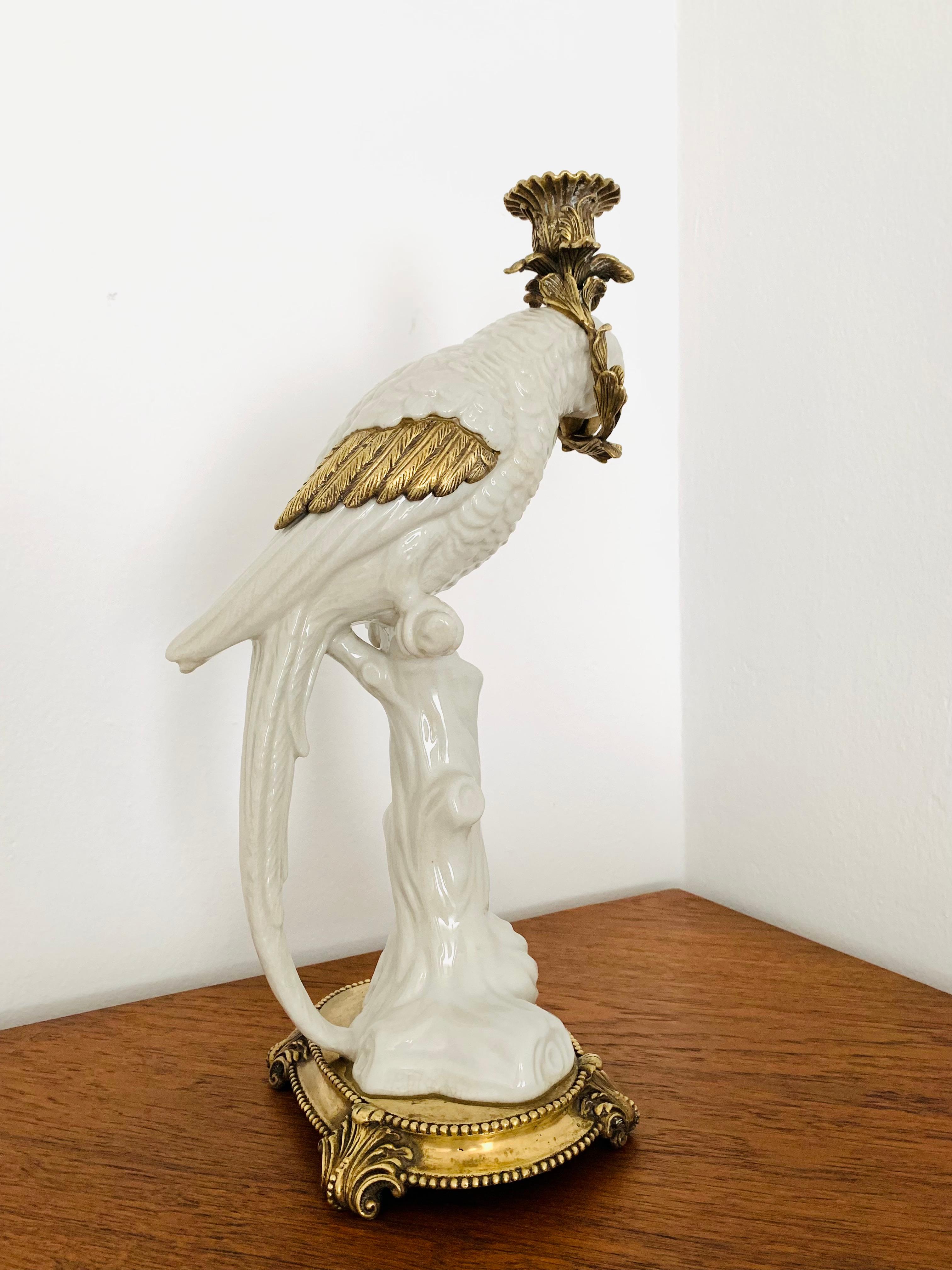 Brass French Ceramic Parrot Candle Holder For Sale