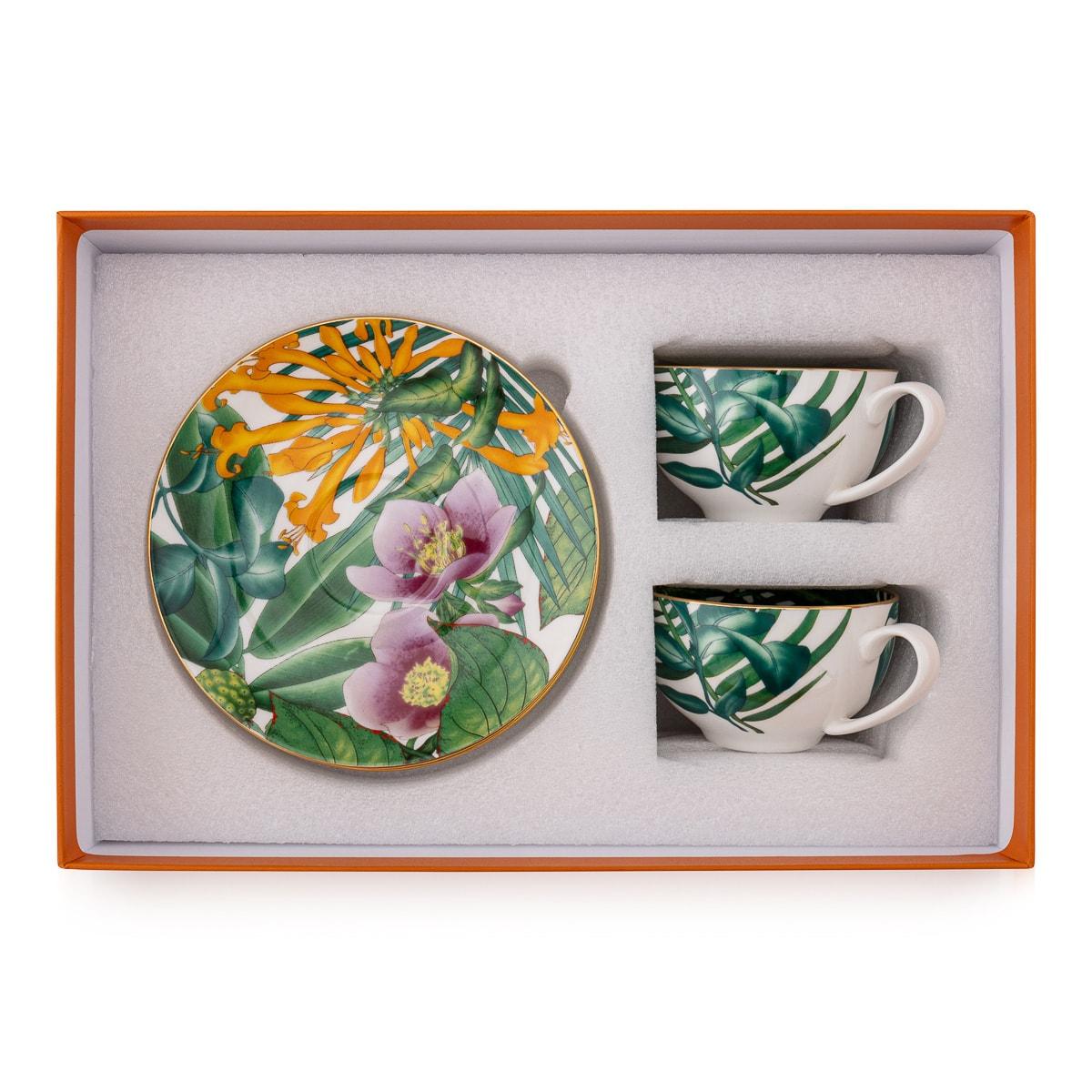 Contemporary French Ceramic Passifolia Pair Of Breakfast Cups & Saucers By Hermes