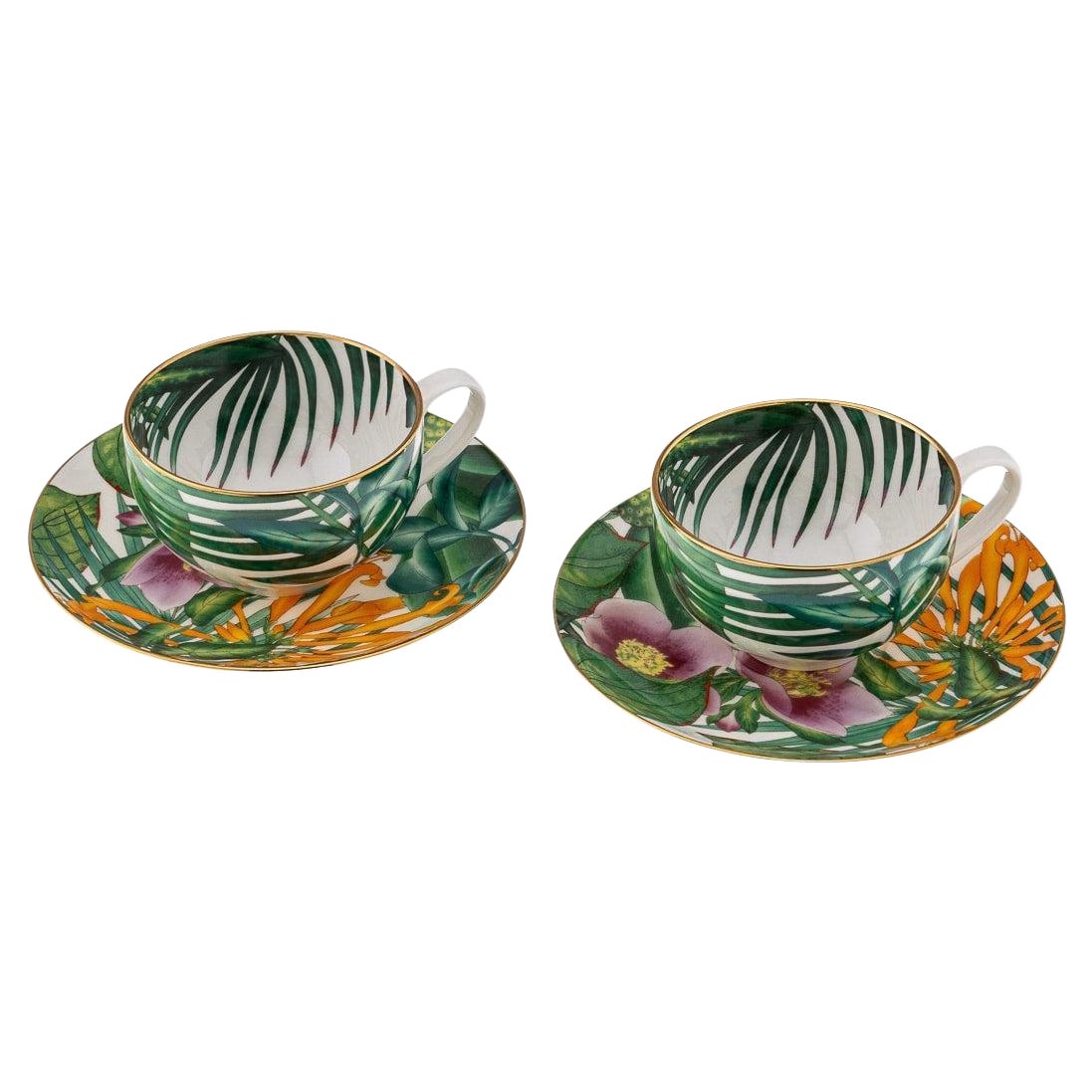 French Ceramic Passifolia Pair Of Breakfast Cups & Saucers By Hermes