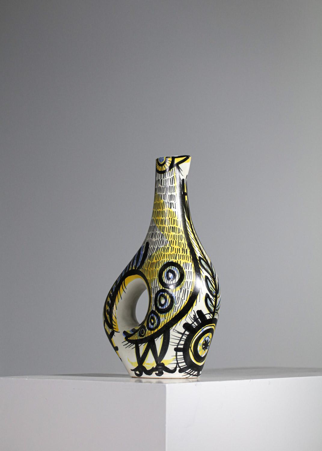 Mid-Century Modern French Ceramic Pitcher Keraluc Bird 60s Bretagne, G394 For Sale