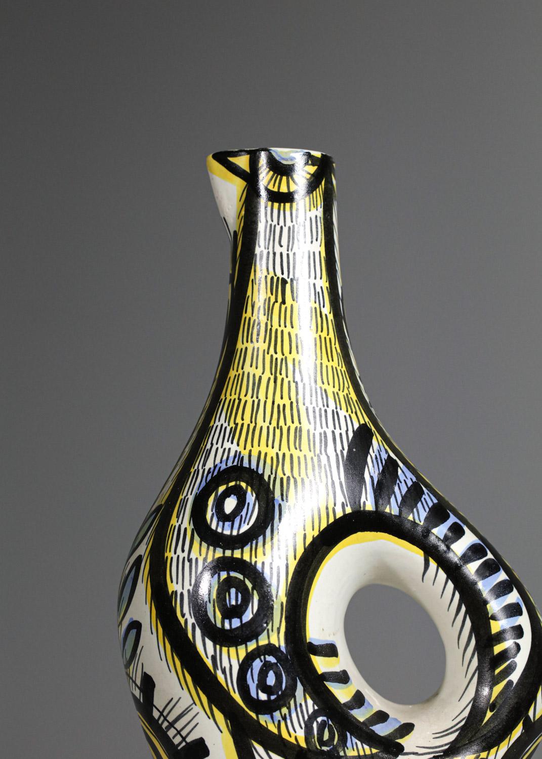 Mid-20th Century French Ceramic Pitcher Keraluc Bird 60s Bretagne, G394 For Sale