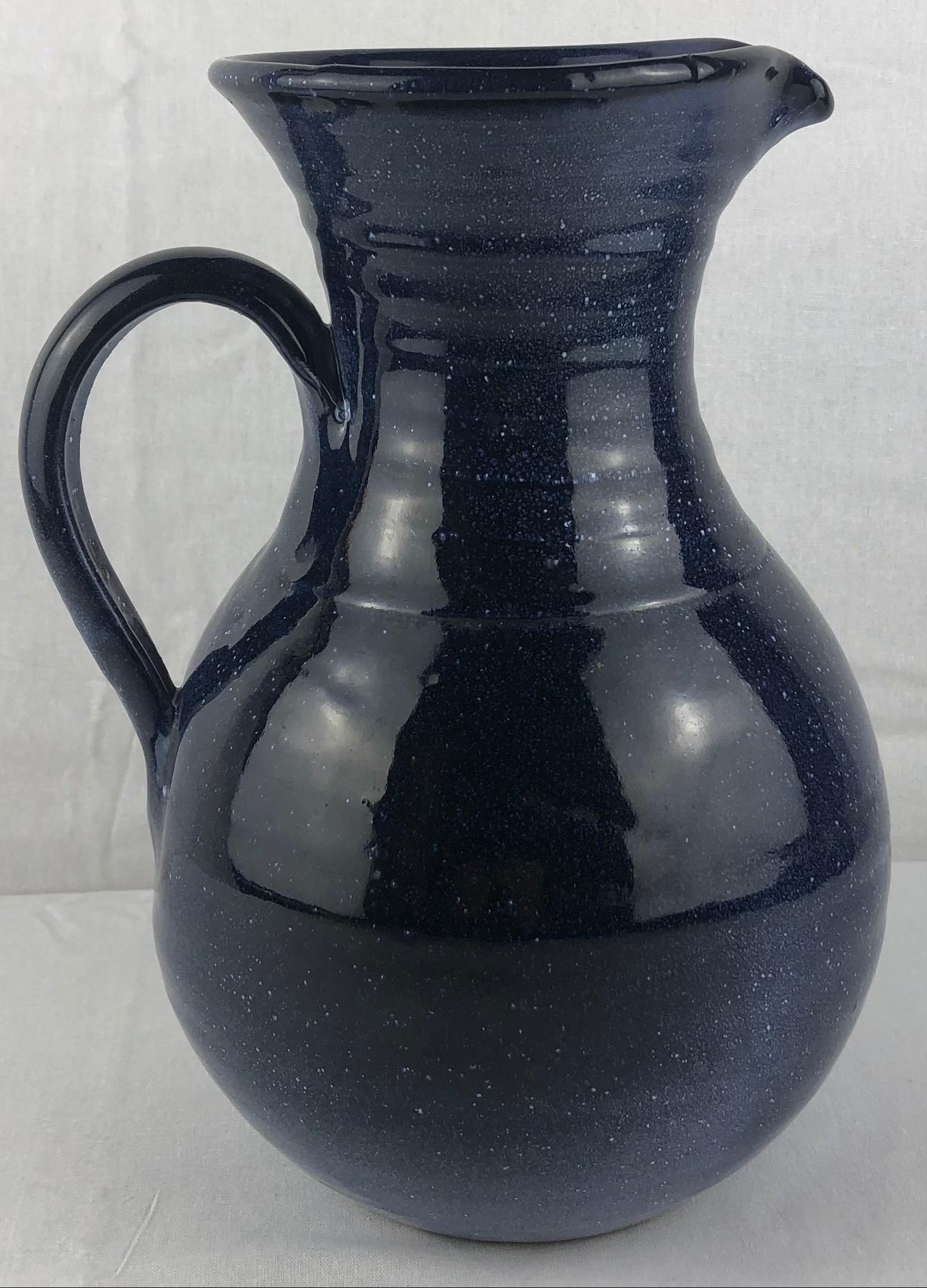 Mid-Century Modern French Ceramic Pitcher or Handled Vase Dark Blue Anduze Pottery  For Sale