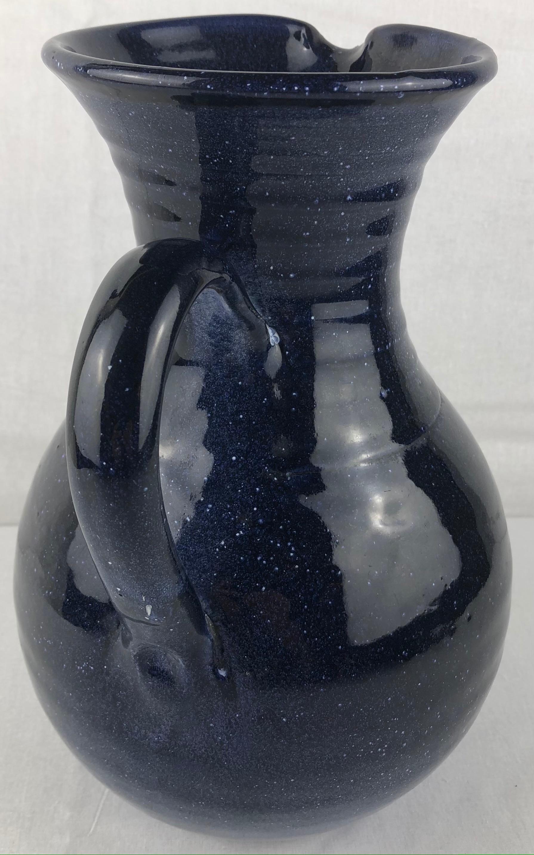 Glazed French Ceramic Pitcher or Handled Vase Dark Blue Anduze Pottery  For Sale