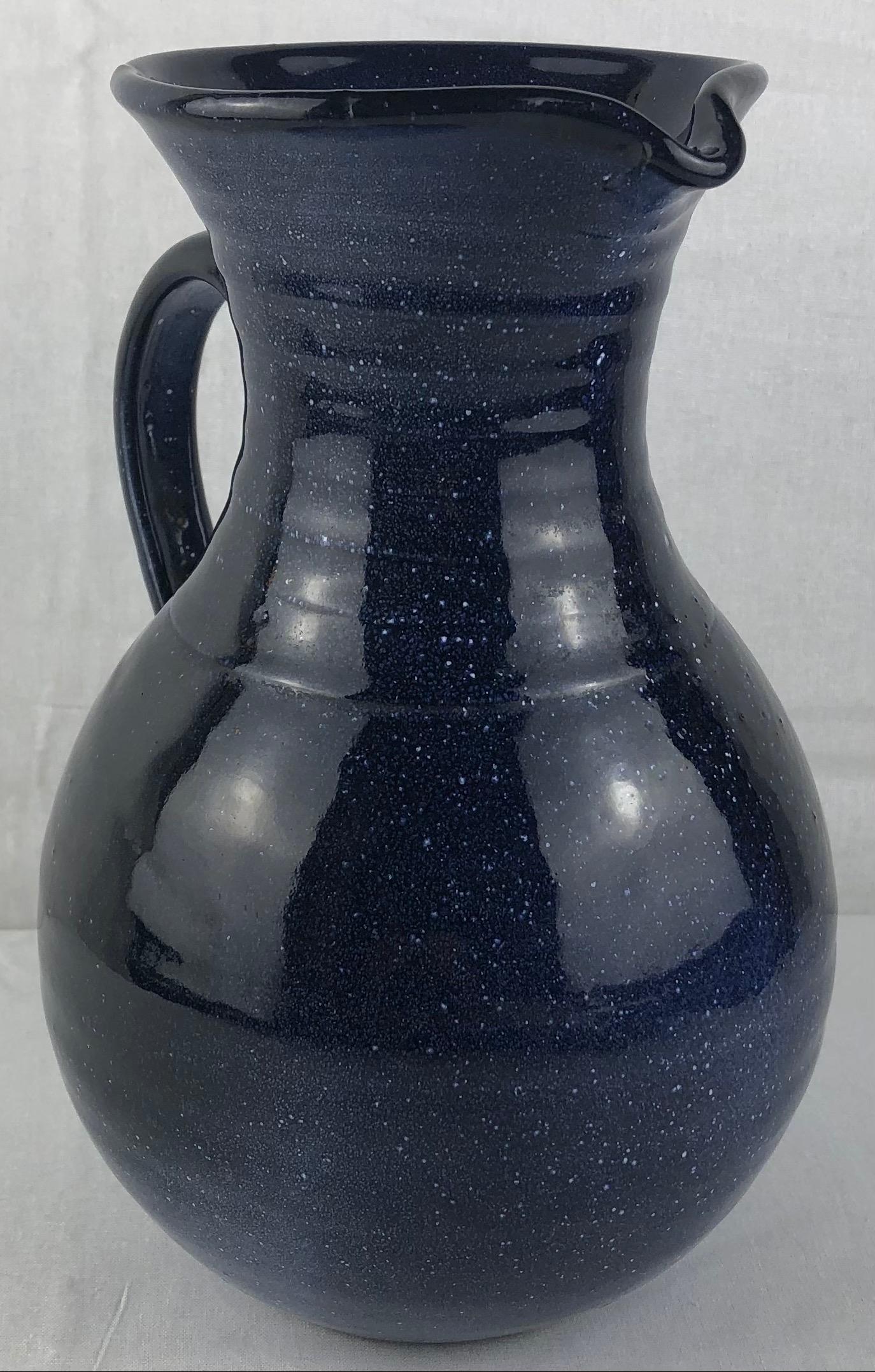 French Ceramic Pitcher or Handled Vase Dark Blue Anduze Pottery  For Sale 1